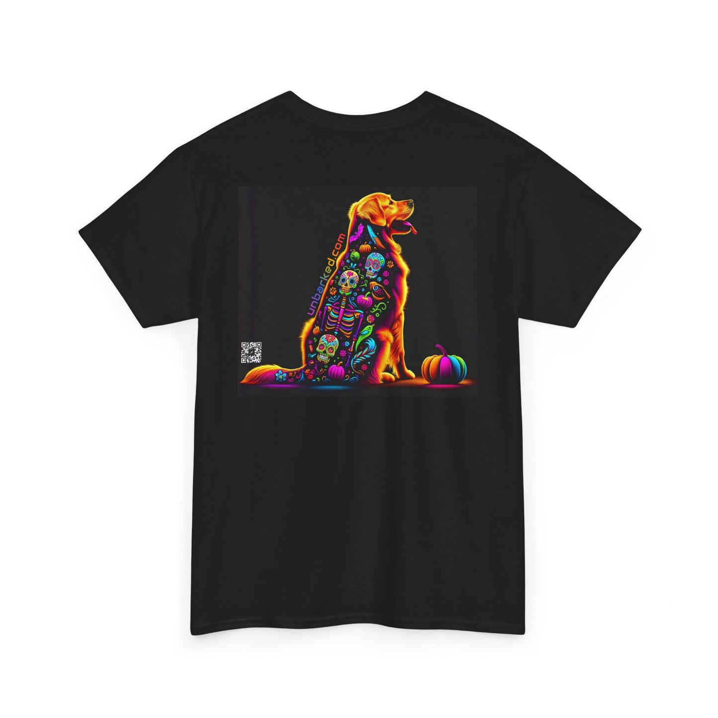 UNBARKED! Halloween Collection - Golden Retreiver Dog Vibrant Día de Muertos Tattoo Unisex Heavy Cotton Tee