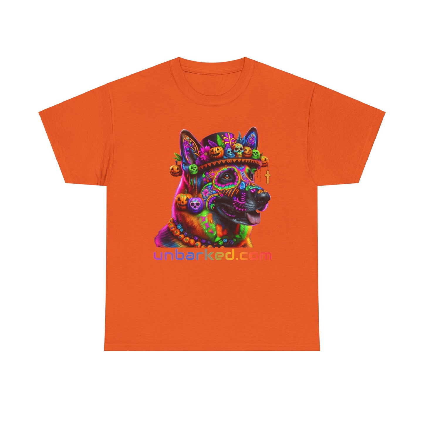 UNBARKED! Halloween Collection - German Shepherd Dog Vibrant Día de Muertos Tattoo Unisex Heavy Cotton Tee