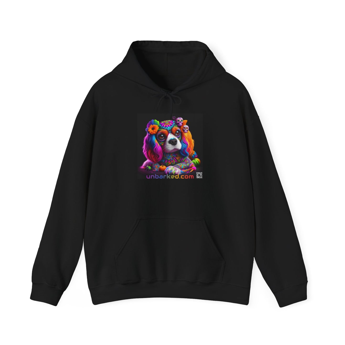 Unisex Heavy Blend™ Hooded Sweatshirt UNBARKED! Halloween Collection - Cavalier King Charles Spaniel Dog Vibrant Día de Muertos Tattoo
