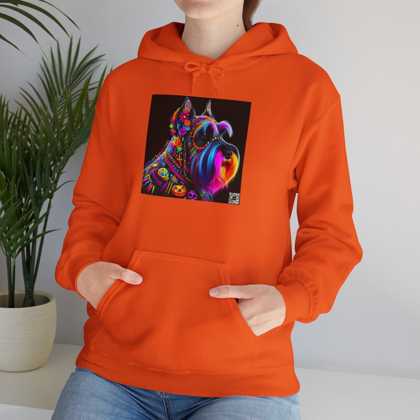 Unisex Heavy Blend™ Hooded Sweatshirt UNBARKED! Halloween Collection - Schnauzer Dog Vibrant Día de Muertos Tattoo