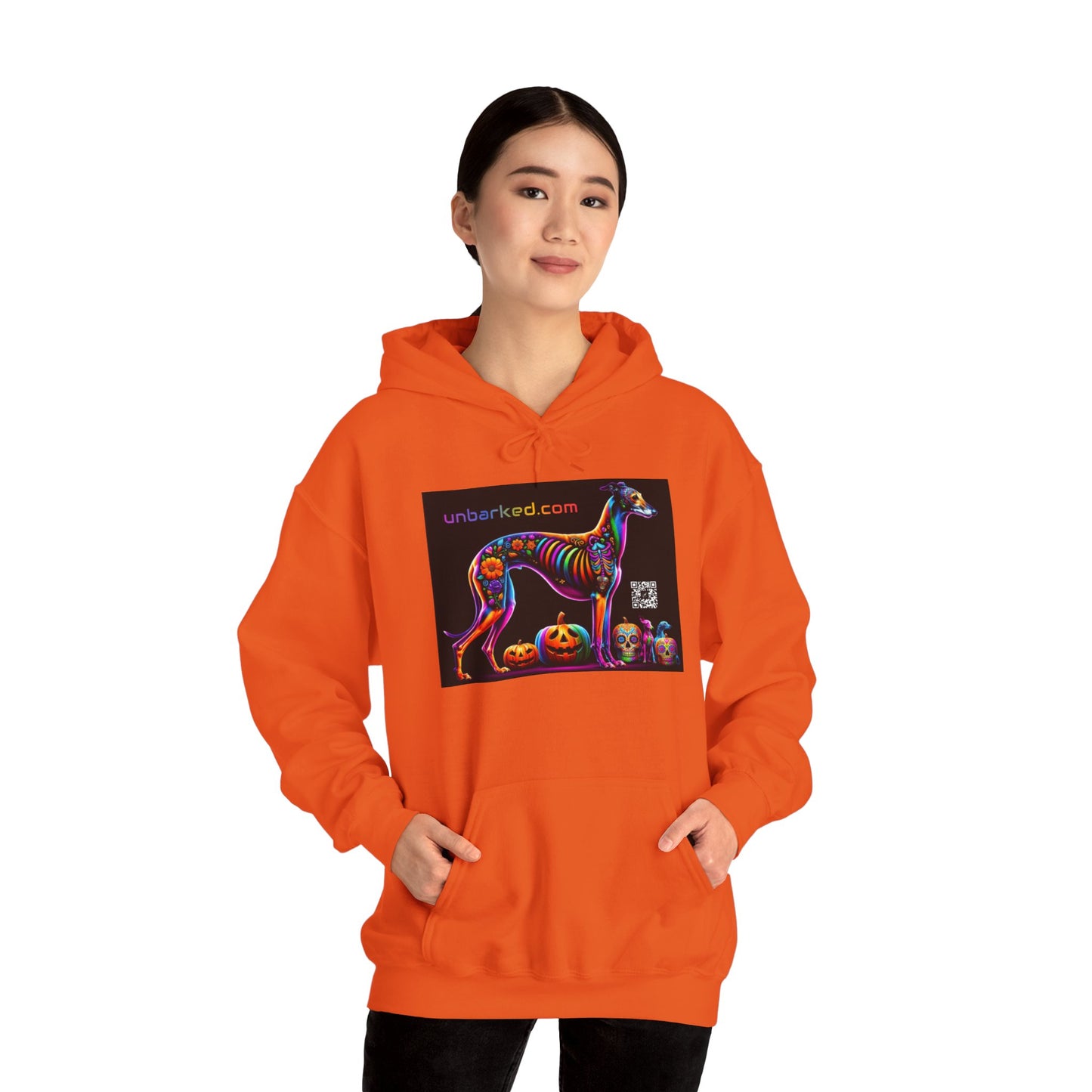 Unisex Heavy Blend™ Hooded Sweatshirt UNBARKED! Halloween Collection - Galgo Greyhound Dog Vibrant Día de Muertos Tattoo