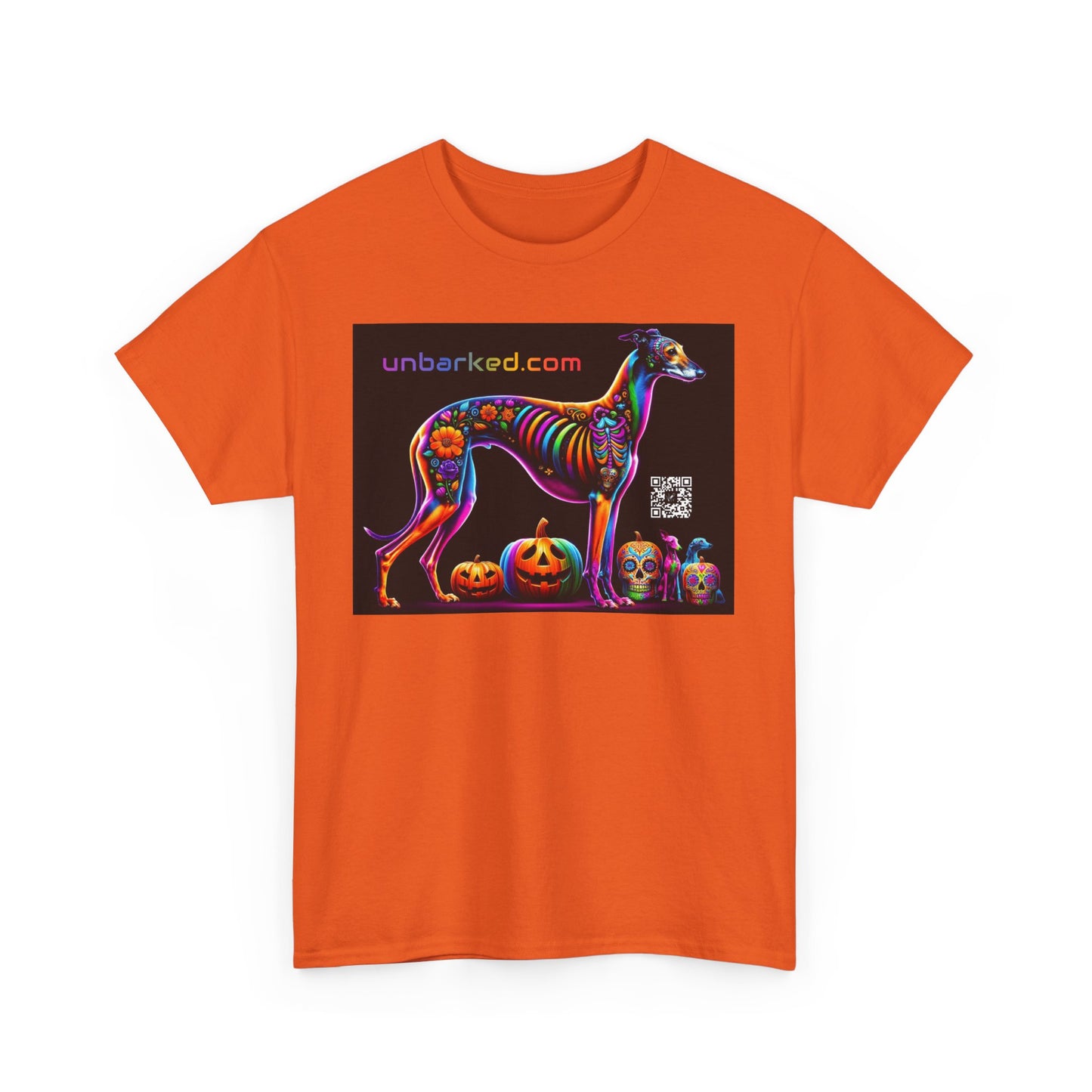 UNBARKED! Halloween Collection - Galgo Greyhound Dog Vibrant Día de Muertos Tattoo Unisex Heavy Cotton Tee