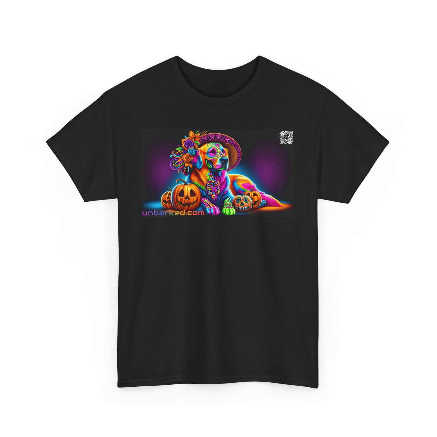 UNBARKED! Halloween Collection - Golden Retreiver Dog Vibrant Día de Muertos Tattoo Unisex Heavy Cotton Tee