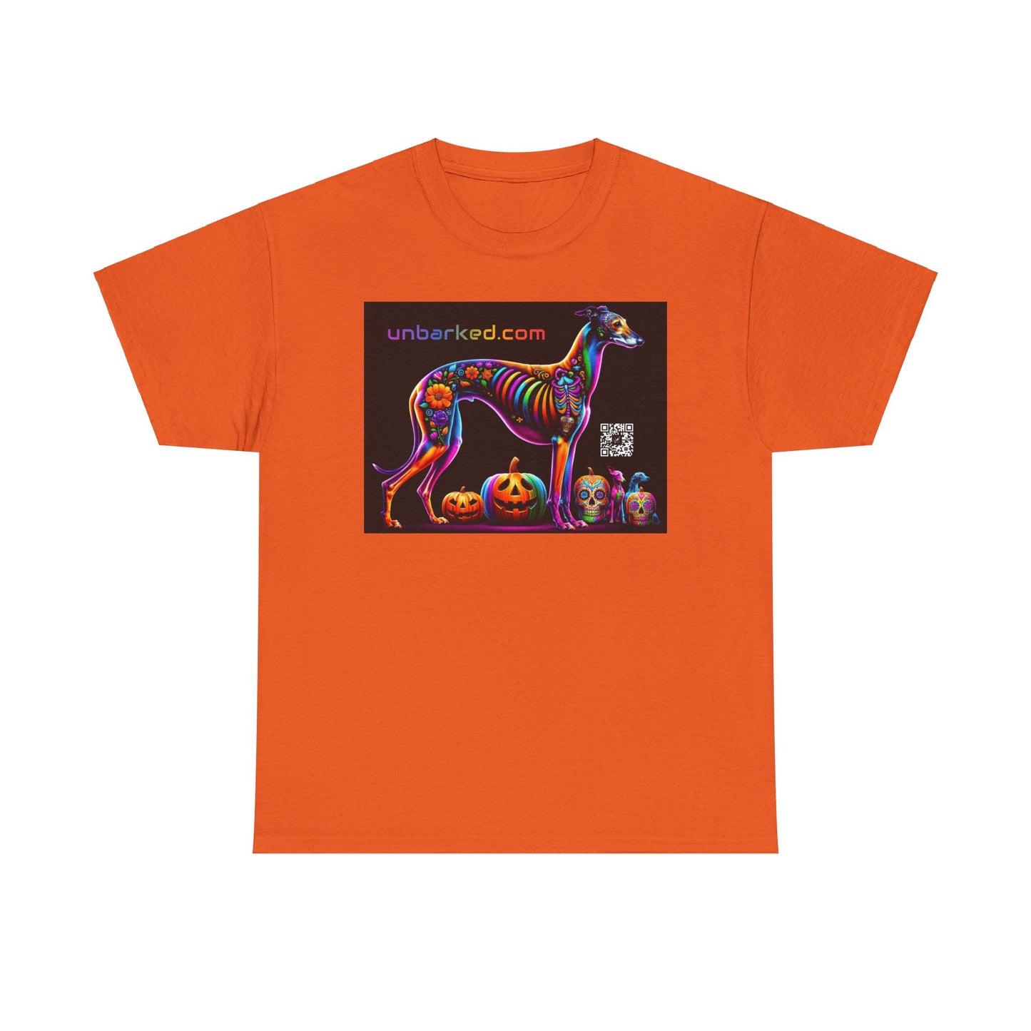 UNBARKED! Halloween Collection - Galgo Greyhound Dog Vibrant Día de Muertos Tattoo Unisex Heavy Cotton Tee