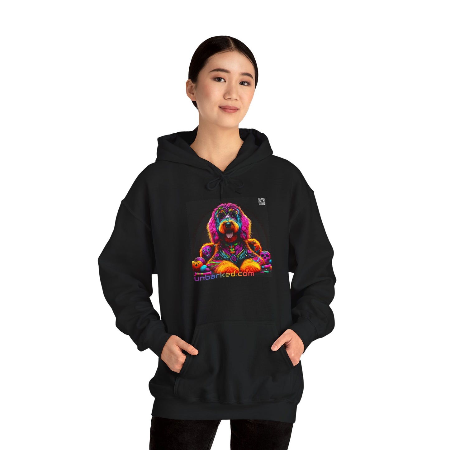 Unisex Heavy Blend™ Hooded Sweatshirt UNBARKED! Halloween Collection - Bernedoodle Vibrant Día de Muertos Tattoo