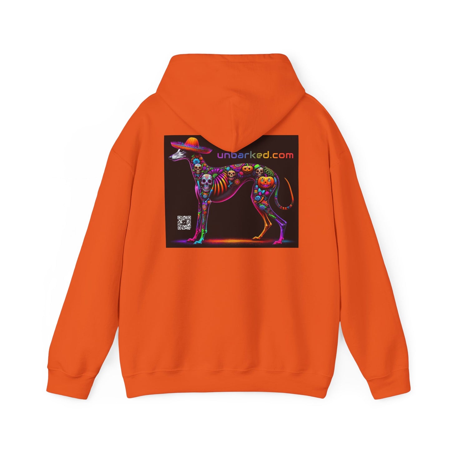 Unisex Heavy Blend™ Hooded Sweatshirt UNBARKED! Halloween Collection - Galgo Greyhound Dog Vibrant Día de Muertos Tattoo