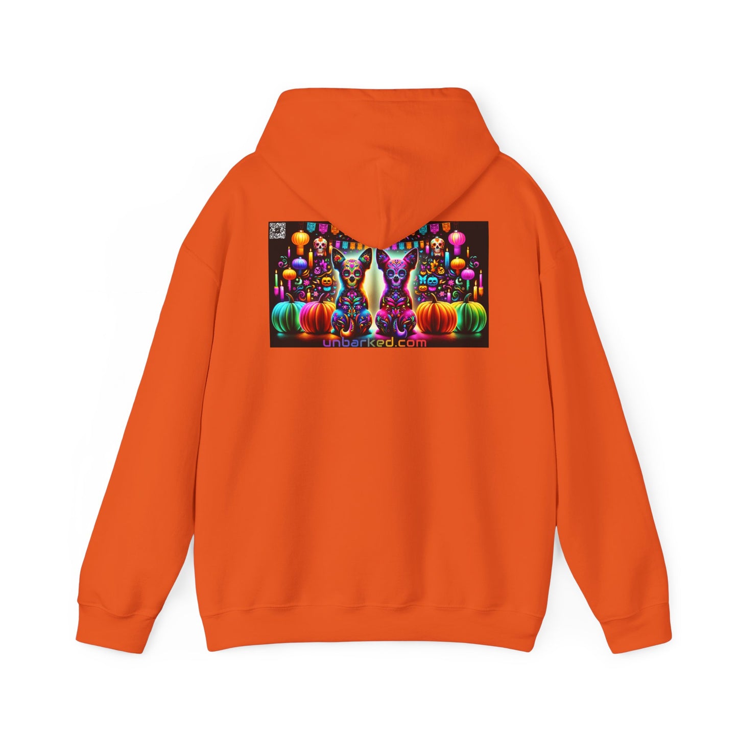 Unisex Heavy Blend™ Hooded Sweatshirt UNBARKED! Halloween Collection - Chihuahua Vibrant Día de Muertos Tattoo