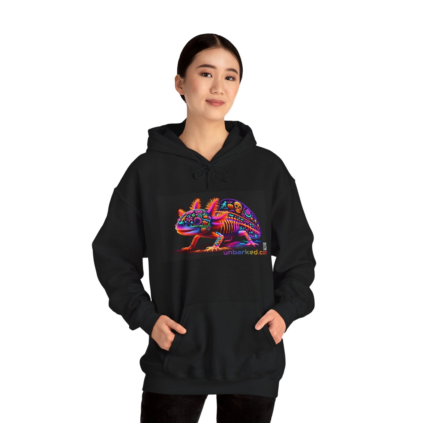 Unisex Heavy Blend™ Hooded Sweatshirt UNBARKED! Halloween Collection - Axolotl Vibrant Día de Muertos Tattoo