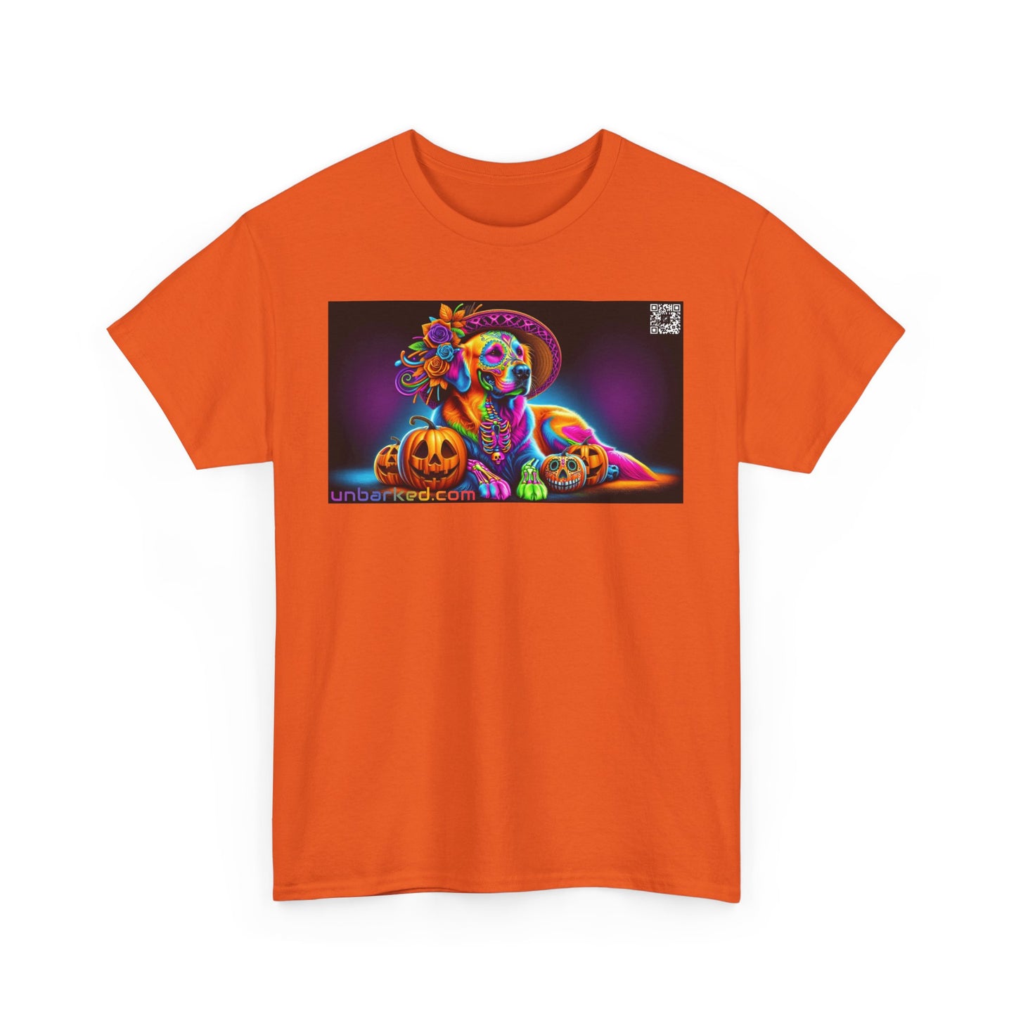 UNBARKED! Halloween Collection - Golden Retreiver Dog Vibrant Día de Muertos Tattoo Unisex Heavy Cotton Tee