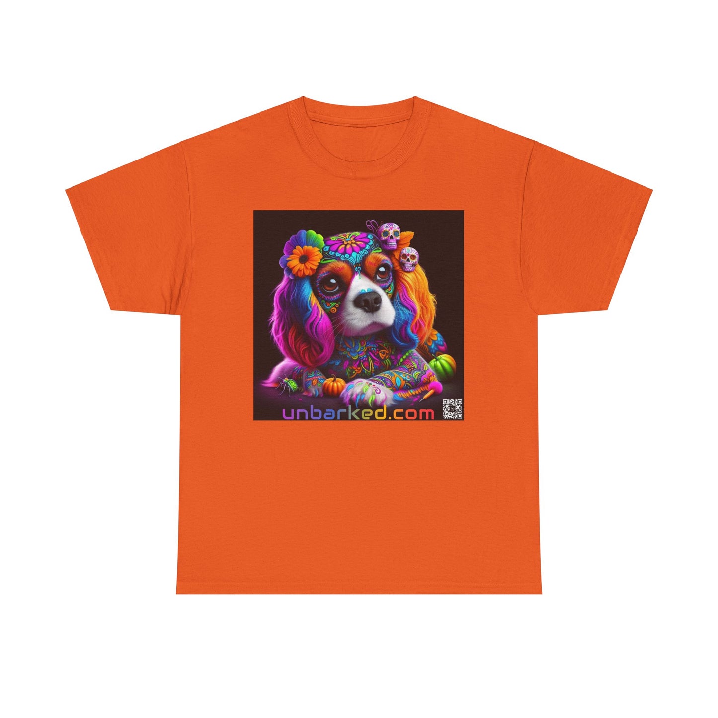 UNBARKED! Halloween Collection - Cavalier King Charles Spaniel Dog Vibrant Día de Muertos Tattoo Unisex Heavy Cotton Tee