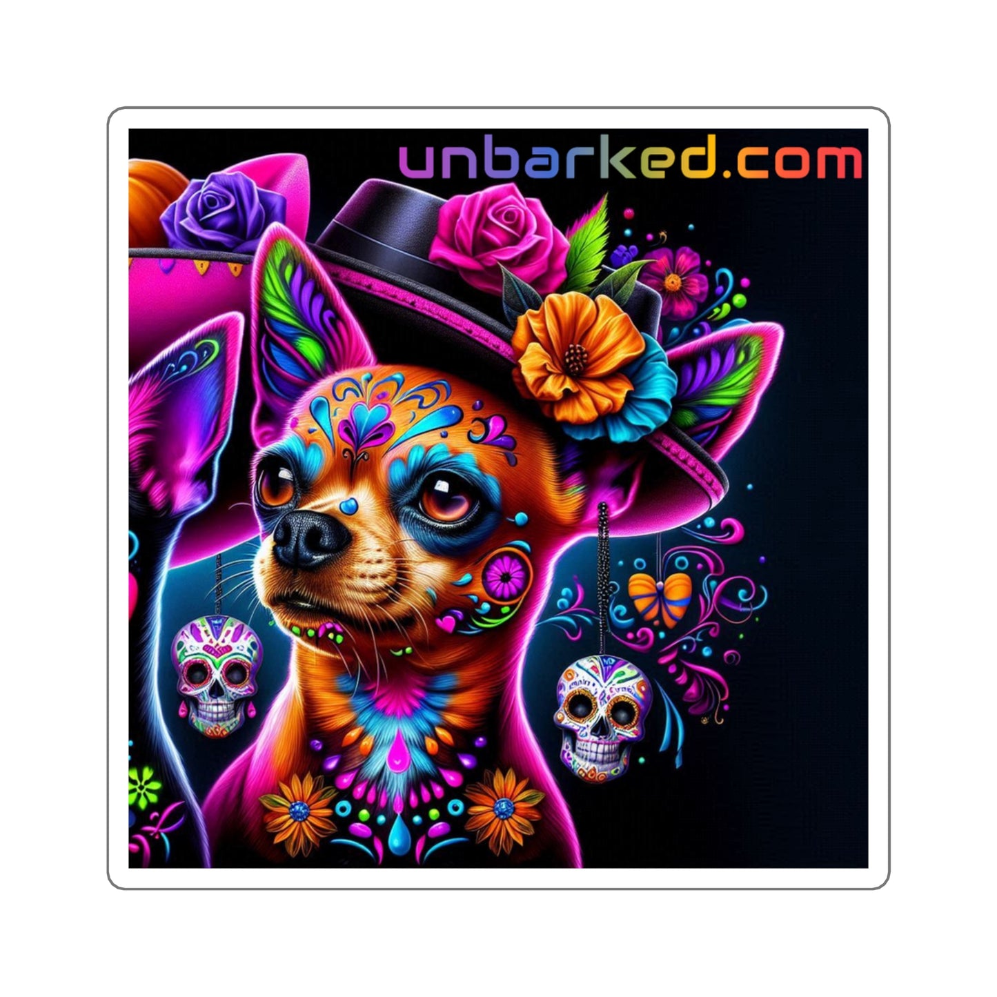 3x3" Square Sticker UNBARKED! Halloween Collection - Chihuahua Chi Dog Vibrant Día de Muertos Tattoo