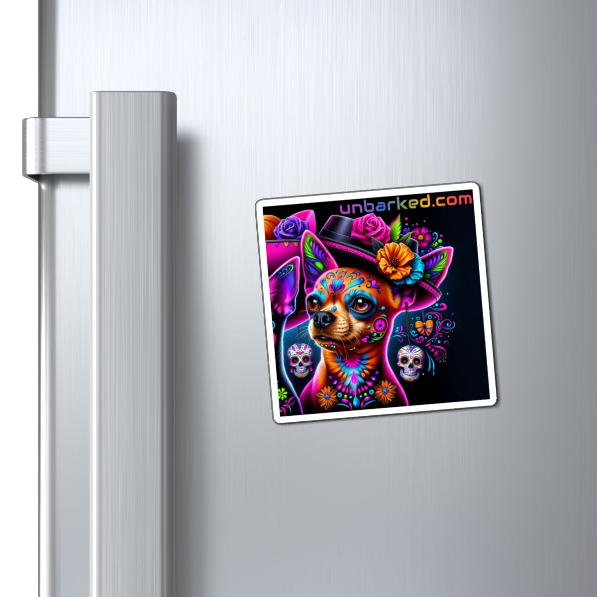 3" Square Magnet - UNBARKED! Halloween Collection - Chihuahua Chi Dog Vibrant Día de Muertos Tattoo