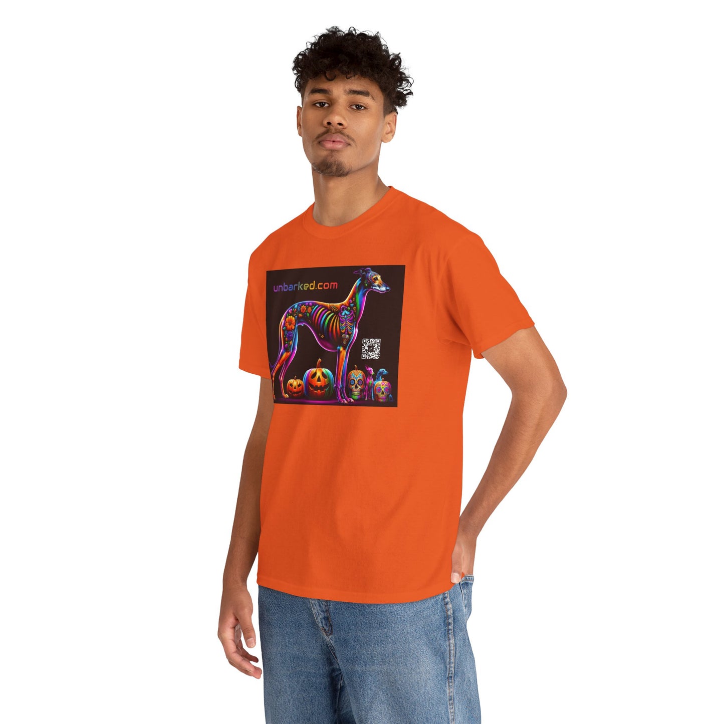 UNBARKED! Halloween Collection - Galgo Greyhound Dog Vibrant Día de Muertos Tattoo Unisex Heavy Cotton Tee
