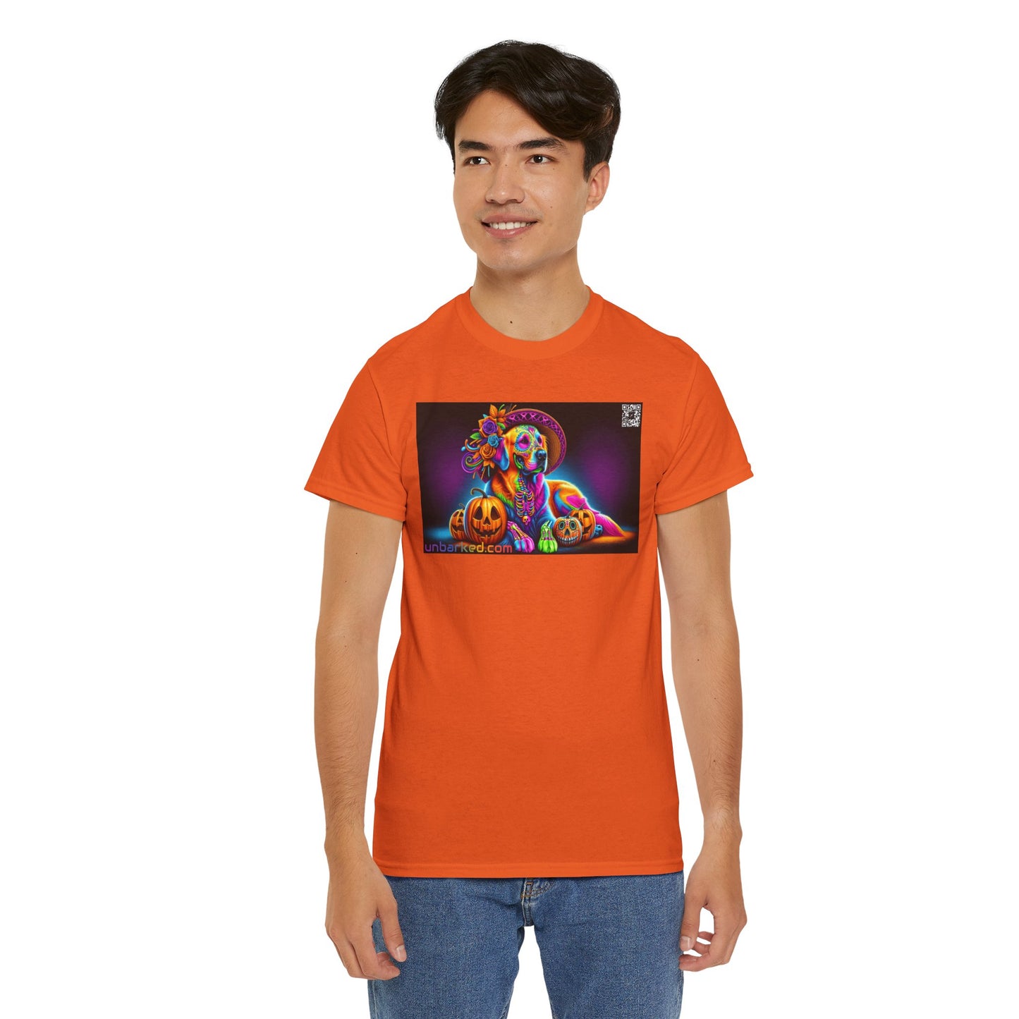 UNBARKED! Halloween Collection - Golden Retreiver Dog Vibrant Día de Muertos Tattoo Unisex Heavy Cotton Tee