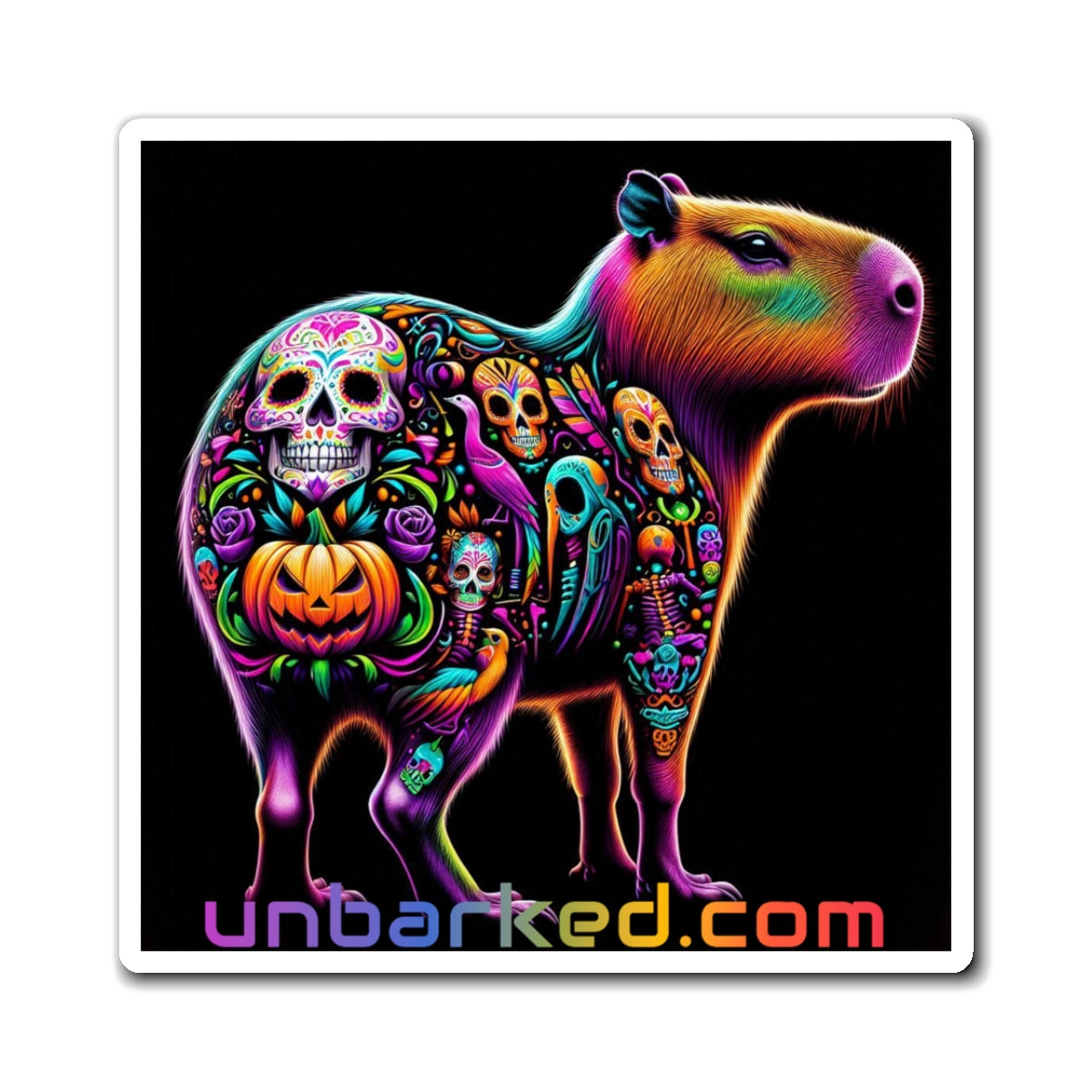 3" Square Magnet - UNBARKED! Halloween Collection - Capybara Vibrant Día de Muertos Tattoo