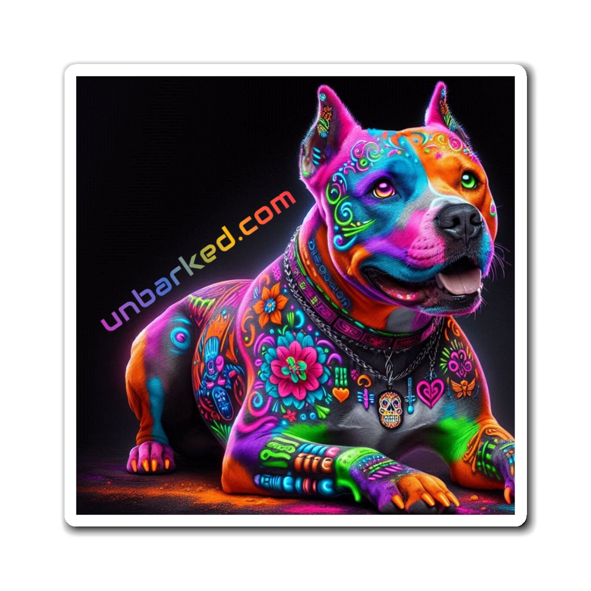 3" Square Magnet - UNBARKED! Halloween Collection - Pitbull Dog Pittie Vibrant Día de Muertos Tattoo