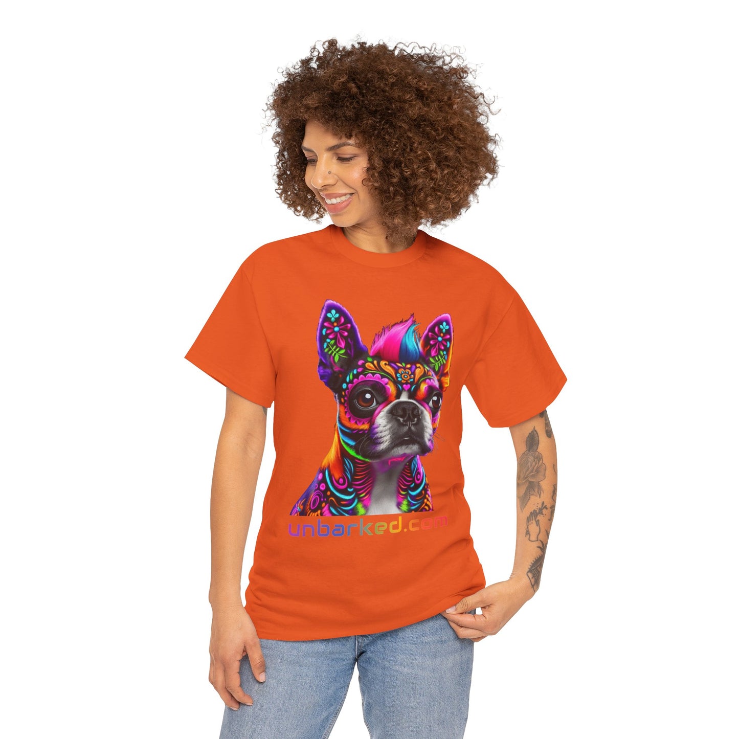 UNBARKED! Halloween Collection - Boston Terrier Dog Vibrant Día de Muertos Tattoo Unisex Heavy Cotton Tee