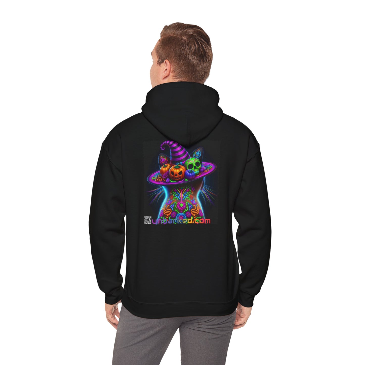 Unisex Heavy Blend™ Hooded Sweatshirt UNBARKED! Halloween Collection - Siamese Cat Vibrant Día de Muertos Tattoo
