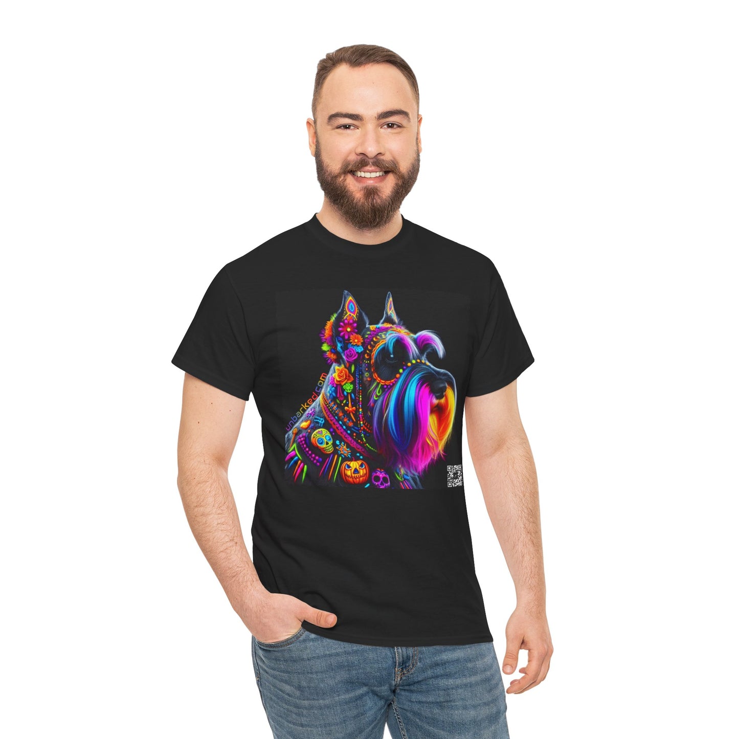 UNBARKED! Halloween Collection - Schnauzer Dog Vibrant Día de Muertos Tattoo Unisex Heavy Cotton Tee