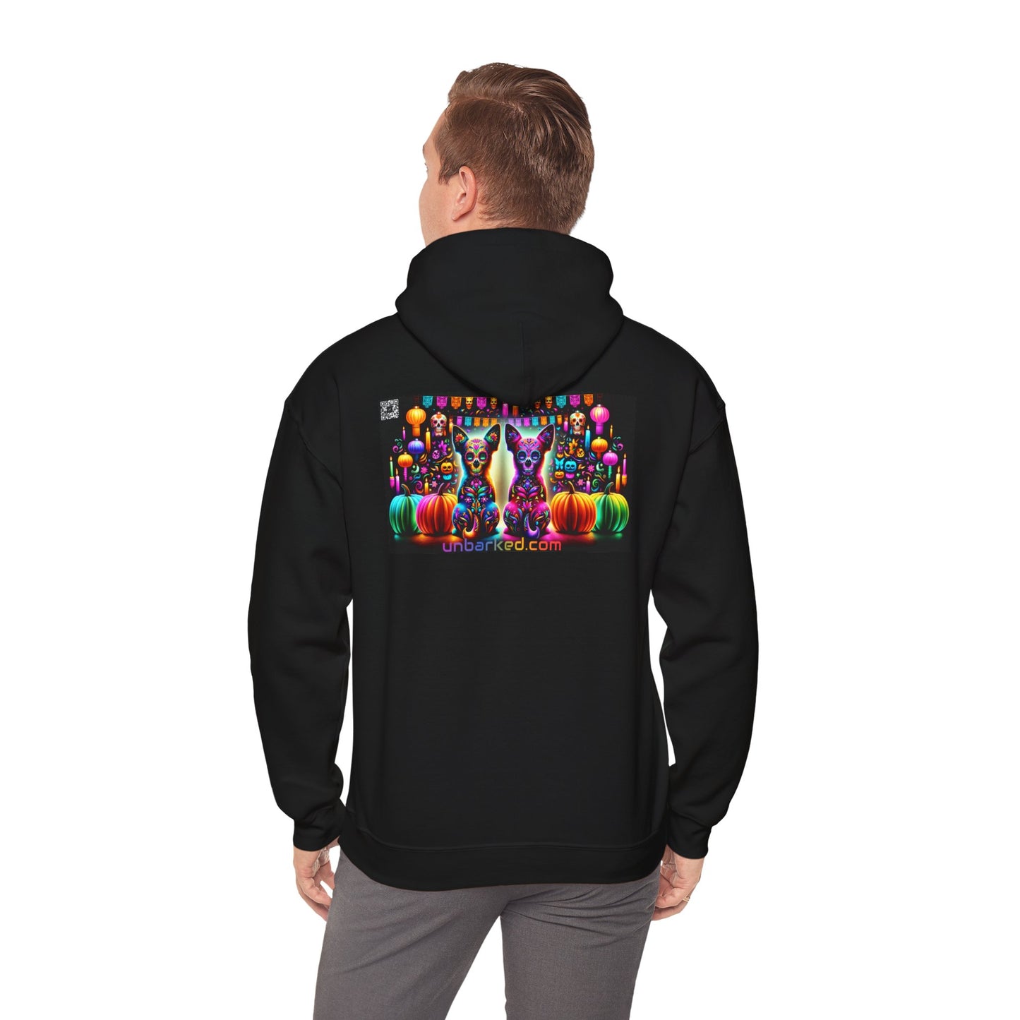 Unisex Heavy Blend™ Hooded Sweatshirt UNBARKED! Halloween Collection - Chihuahua Vibrant Día de Muertos Tattoo