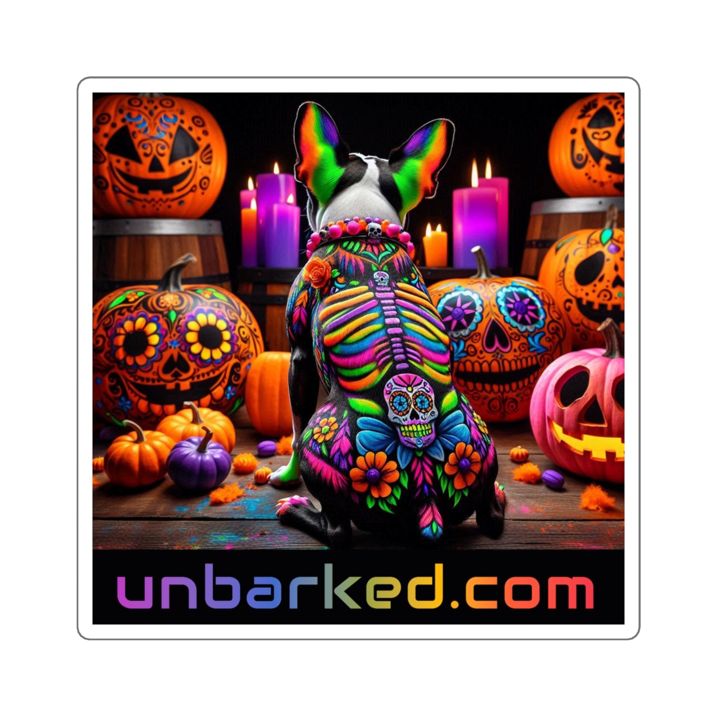 3x3" Square Sticker UNBARKED! Halloween Collection - Boston Terrier Dog Vibrant Día de Muertos Tattoo