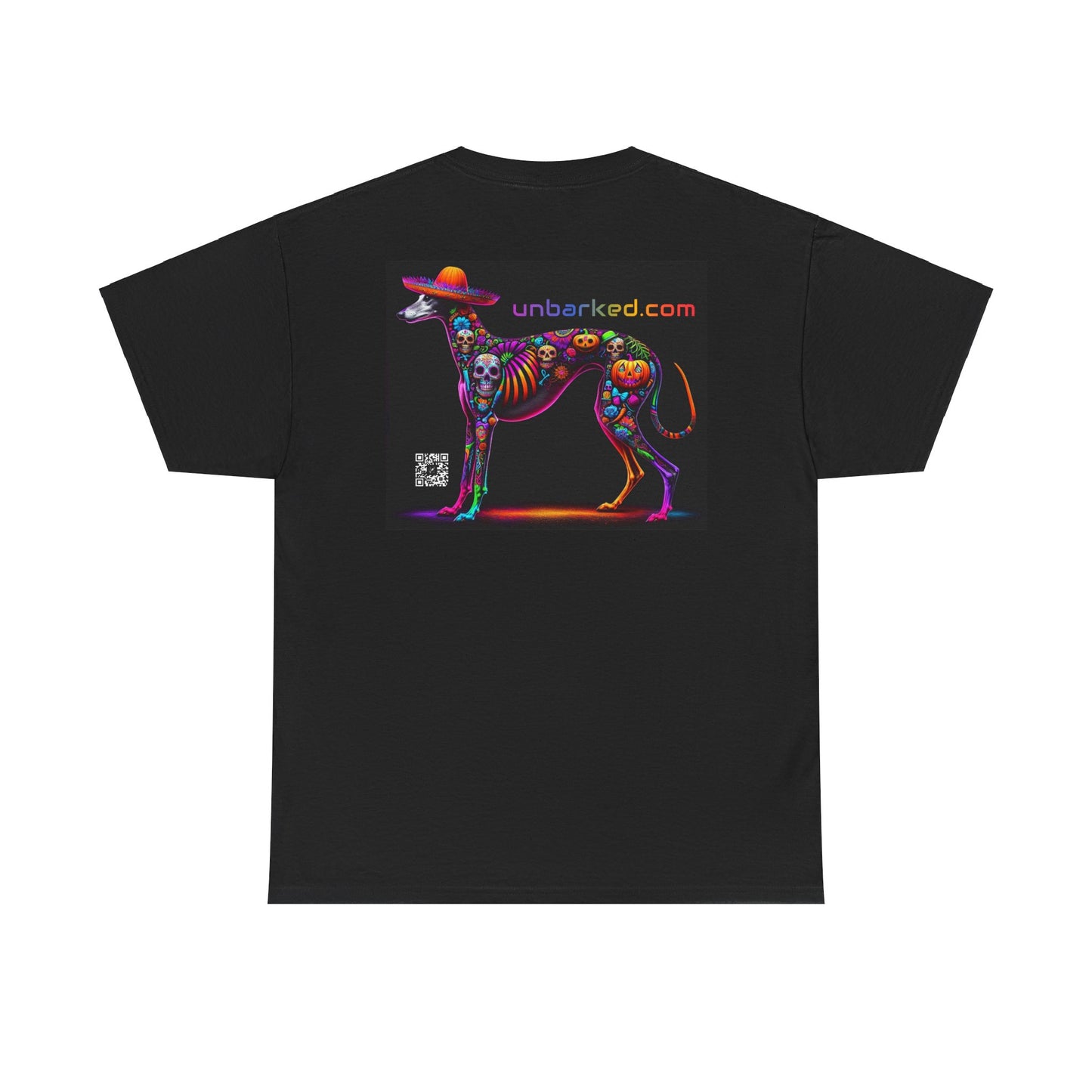 UNBARKED! Halloween Collection - Galgo Greyhound Dog Vibrant Día de Muertos Tattoo Unisex Heavy Cotton Tee