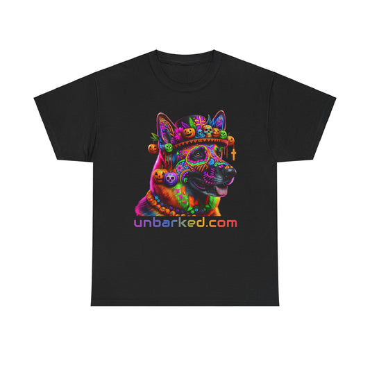 UNBARKED! Halloween Collection - German Shepherd Dog Vibrant Día de Muertos Tattoo Unisex Heavy Cotton Tee
