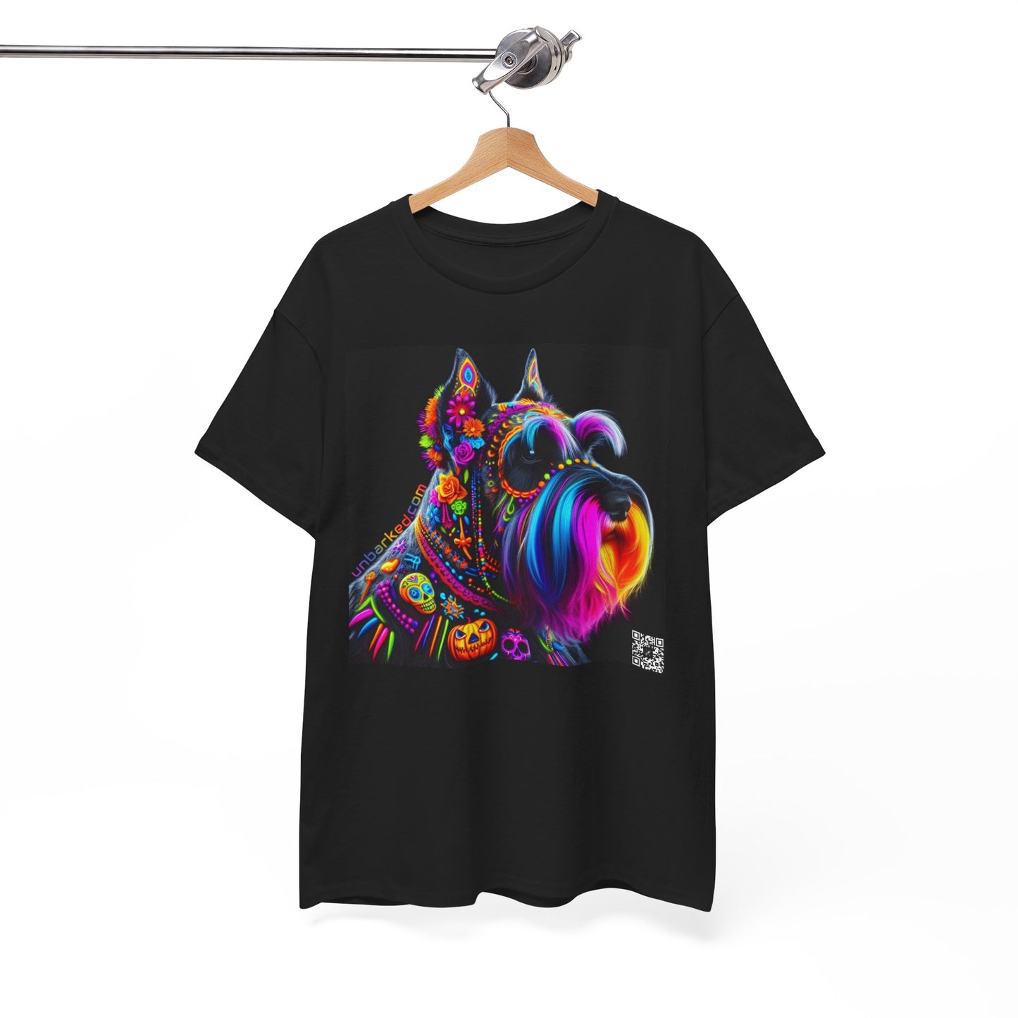 UNBARKED! Halloween Collection - Schnauzer Dog Vibrant Día de Muertos Tattoo Unisex Heavy Cotton Tee