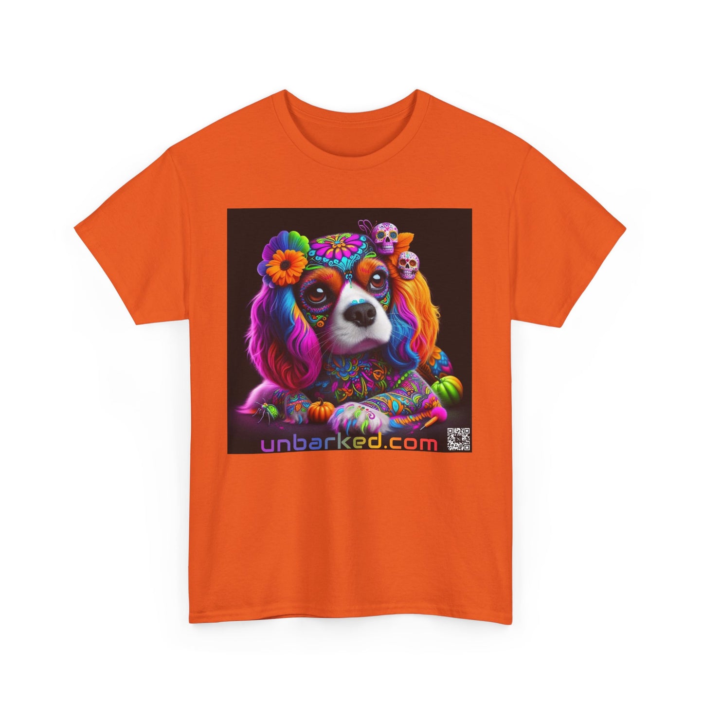 UNBARKED! Halloween Collection - Cavalier King Charles Spaniel Dog Vibrant Día de Muertos Tattoo Unisex Heavy Cotton Tee