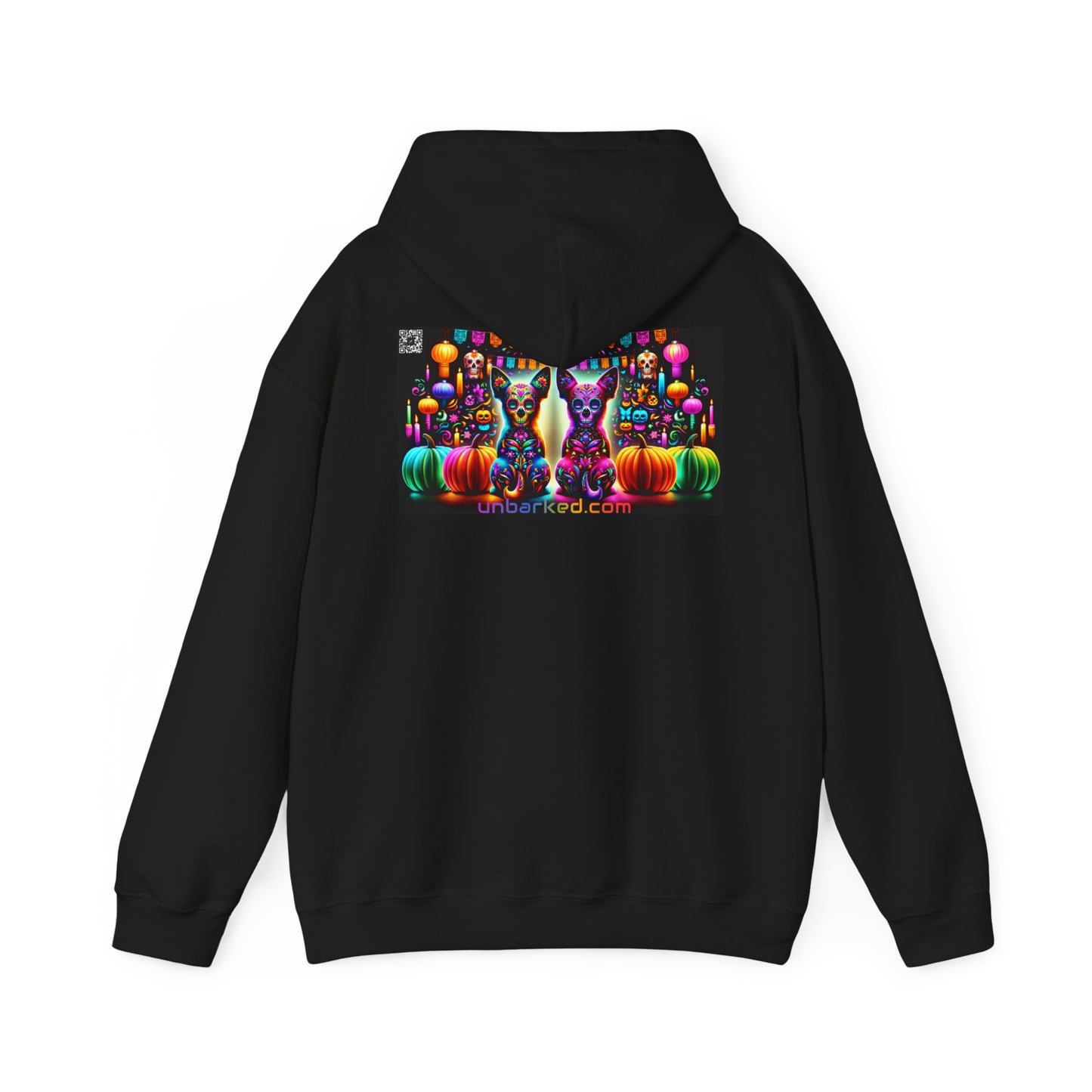 Unisex Heavy Blend™ Hooded Sweatshirt UNBARKED! Halloween Collection - Chihuahua Vibrant Día de Muertos Tattoo