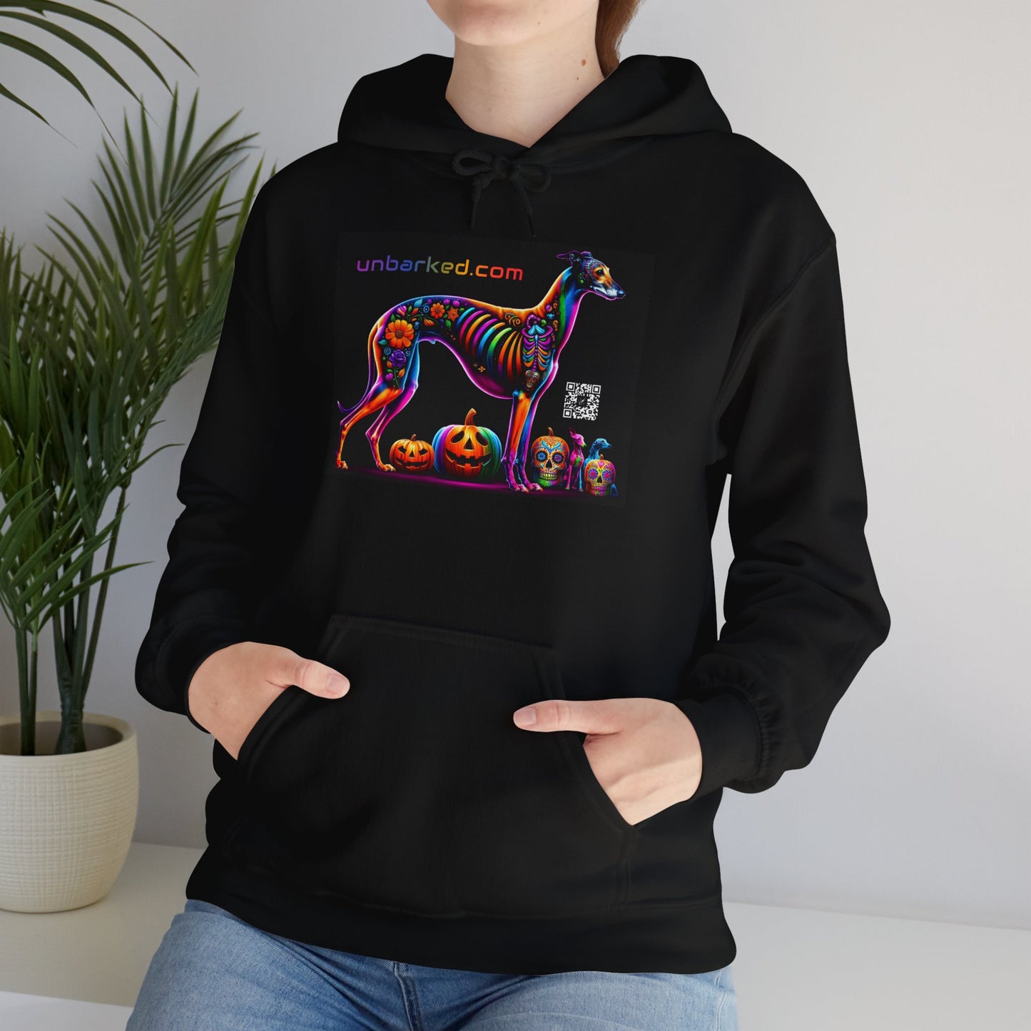 Unisex Heavy Blend™ Hooded Sweatshirt UNBARKED! Halloween Collection - Galgo Greyhound Dog Vibrant Día de Muertos Tattoo