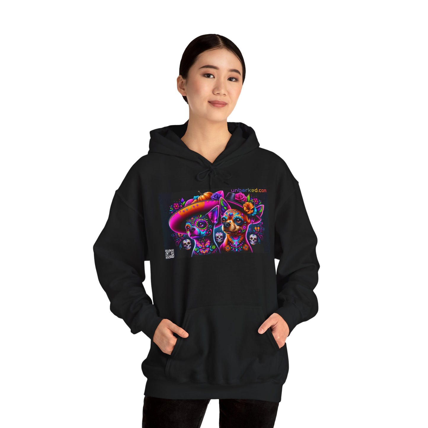 Unisex Heavy Blend™ Hooded Sweatshirt UNBARKED! Halloween Collection - Chihuahua Vibrant Día de Muertos Tattoo
