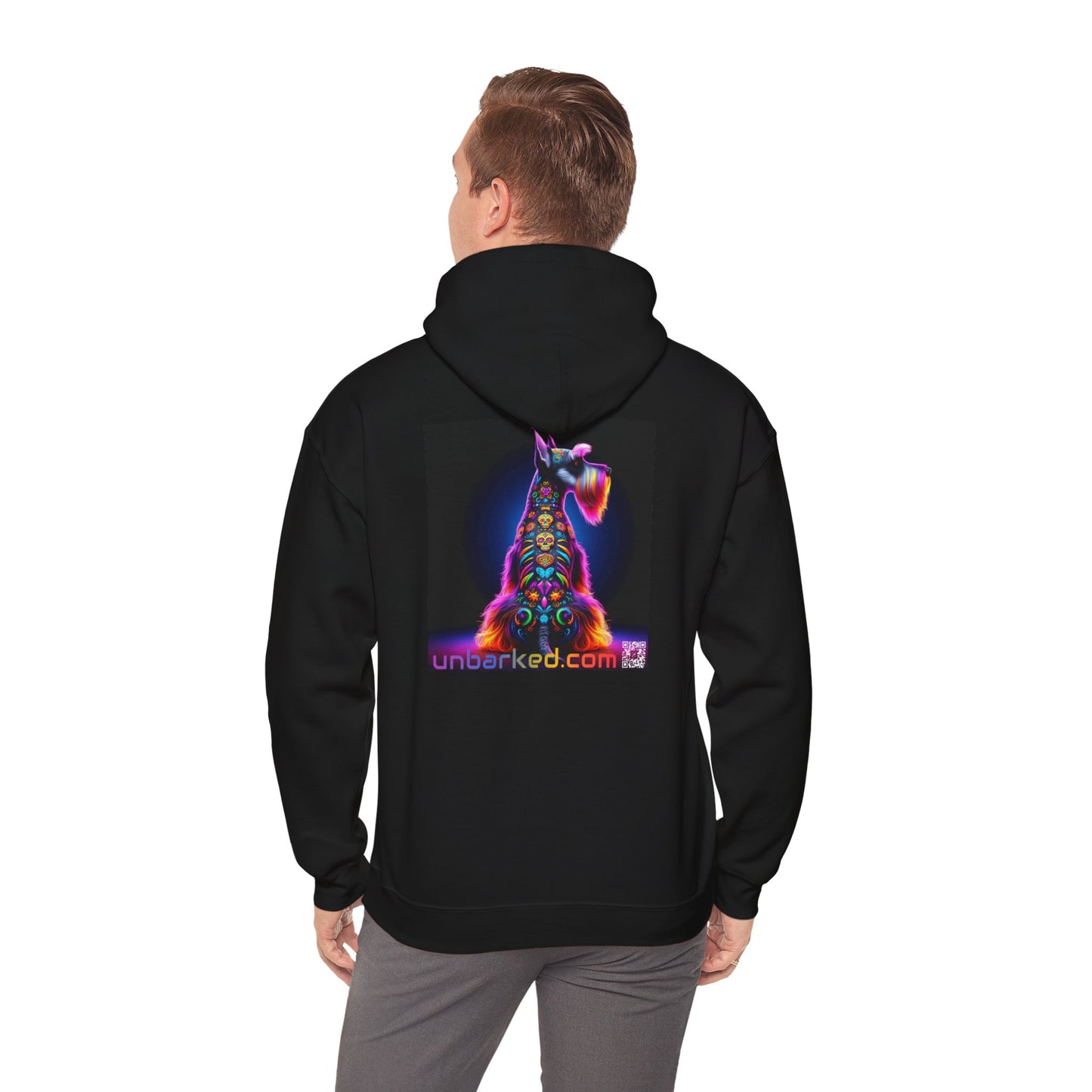 Unisex Heavy Blend™ Hooded Sweatshirt UNBARKED! Halloween Collection - Schnauzer Dog Vibrant Día de Muertos Tattoo