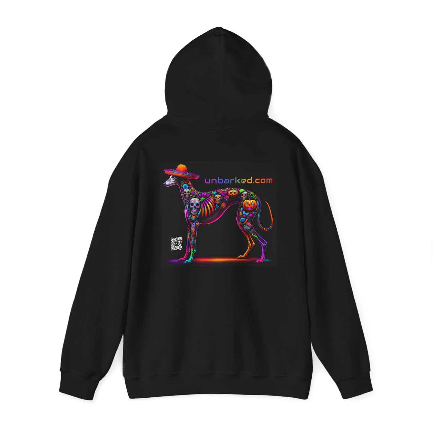 Unisex Heavy Blend™ Hooded Sweatshirt UNBARKED! Halloween Collection - Galgo Greyhound Dog Vibrant Día de Muertos Tattoo
