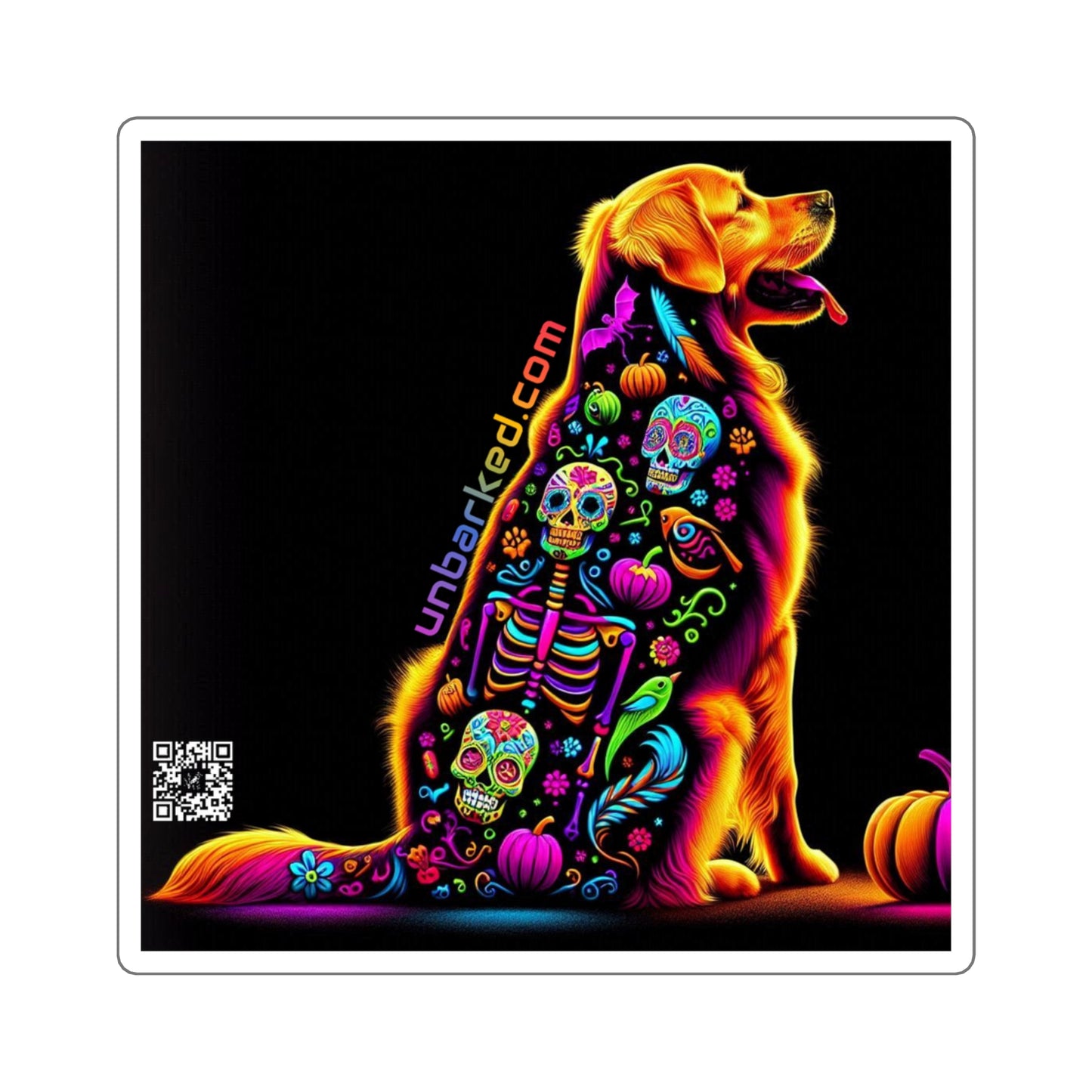 3x3" Square Sticker UNBARKED! Halloween Collection - Golden Retreiver Vibrant Día de Muertos Tattoo