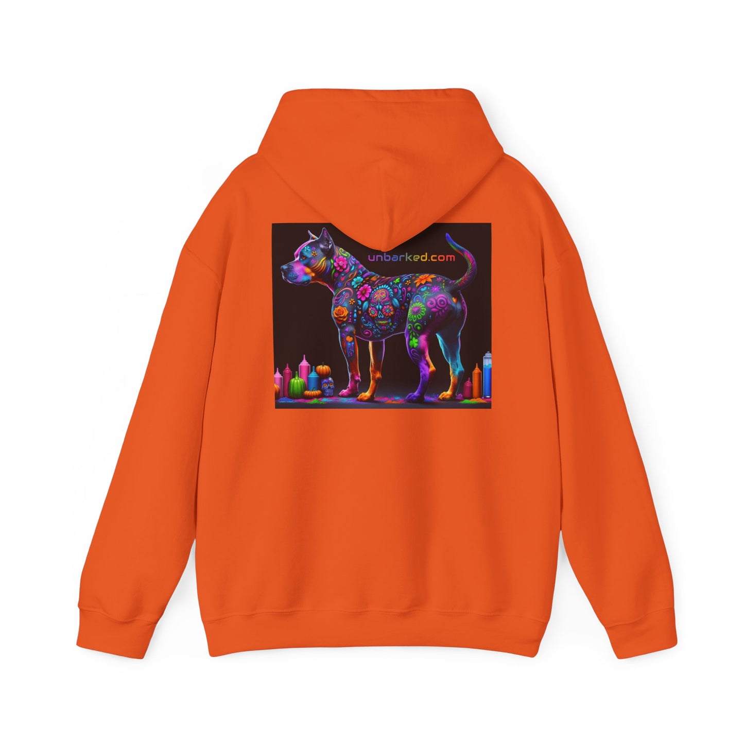 Hooded Sweatshirt UNBARKED! Halloween Collection - Pittie, Pitbull Dog Vibrant Día de Muertos Tattoo Hoodie Unisex Heavy Blend™