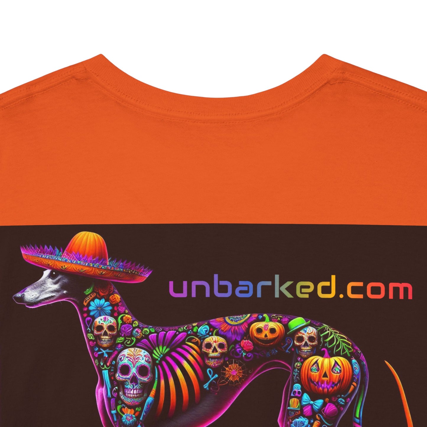 UNBARKED! Halloween Collection - Galgo Greyhound Dog Vibrant Día de Muertos Tattoo Unisex Heavy Cotton Tee