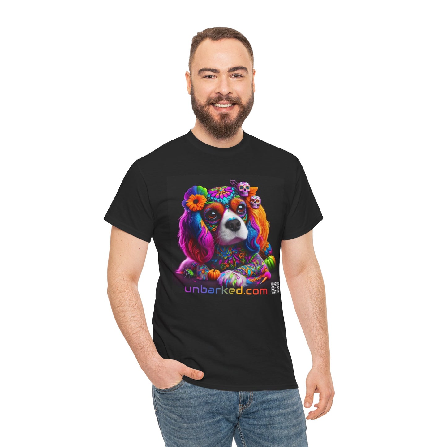 UNBARKED! Halloween Collection - Cavalier King Charles Spaniel Dog Vibrant Día de Muertos Tattoo Unisex Heavy Cotton Tee