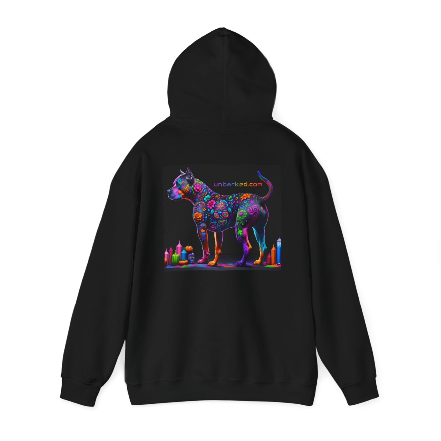 Hooded Sweatshirt UNBARKED! Halloween Collection - Pittie, Pitbull Dog Vibrant Día de Muertos Tattoo Hoodie Unisex Heavy Blend™