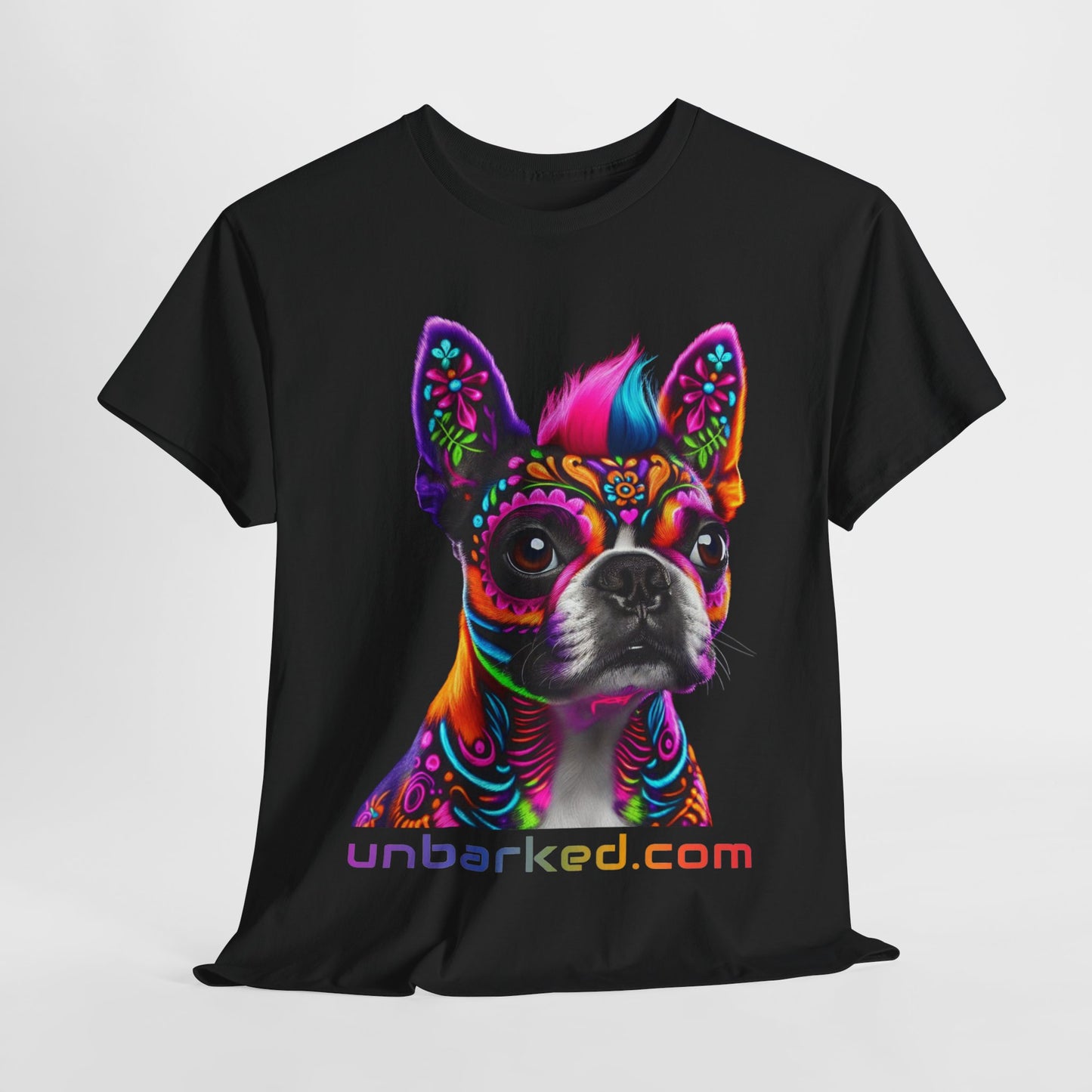 UNBARKED! Halloween Collection - Boston Terrier Dog Vibrant Día de Muertos Tattoo Unisex Heavy Cotton Tee