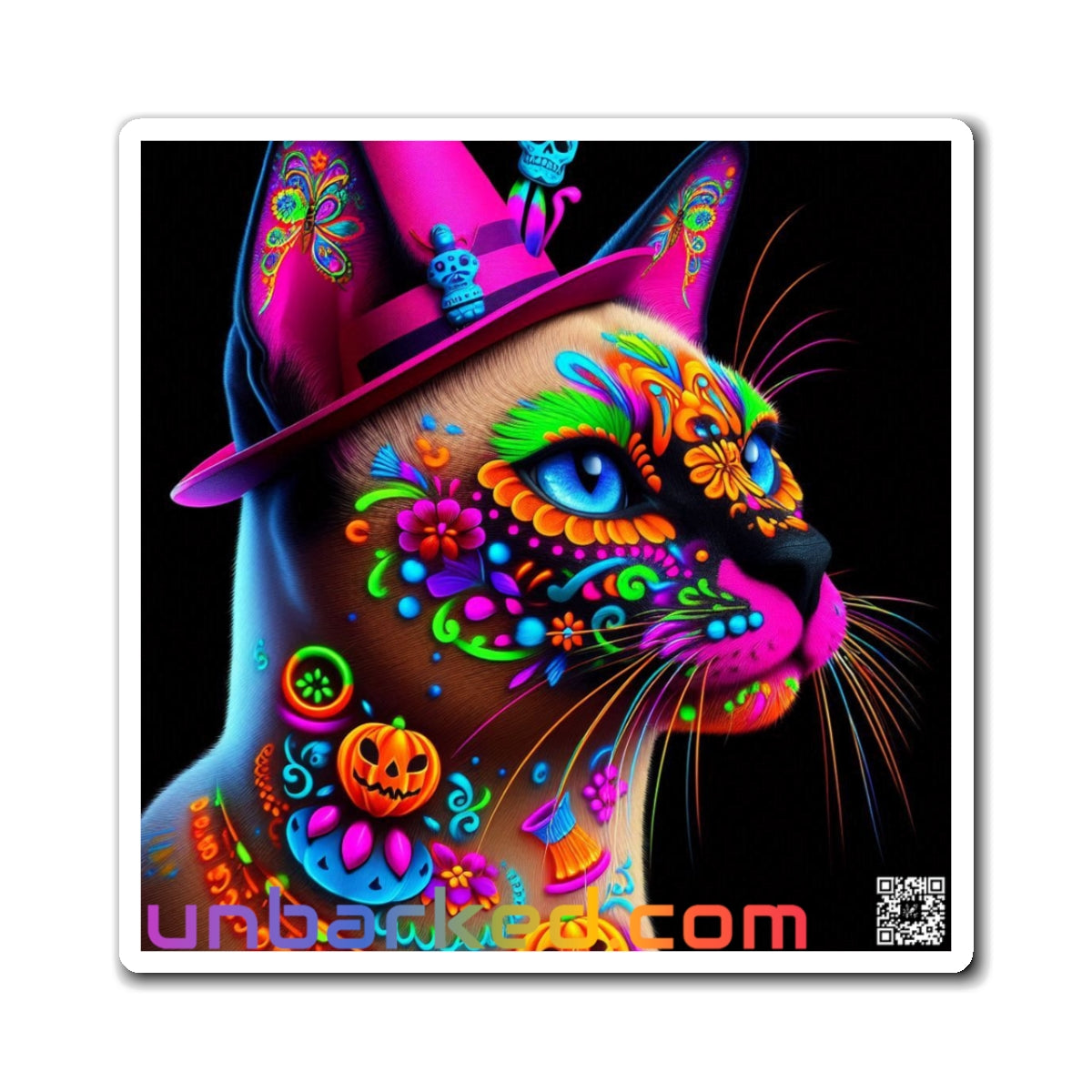 3" Square Magnet - UNBARKED! Halloween Collection - Siamese Cat Vibrant Día de Muertos Tattoo