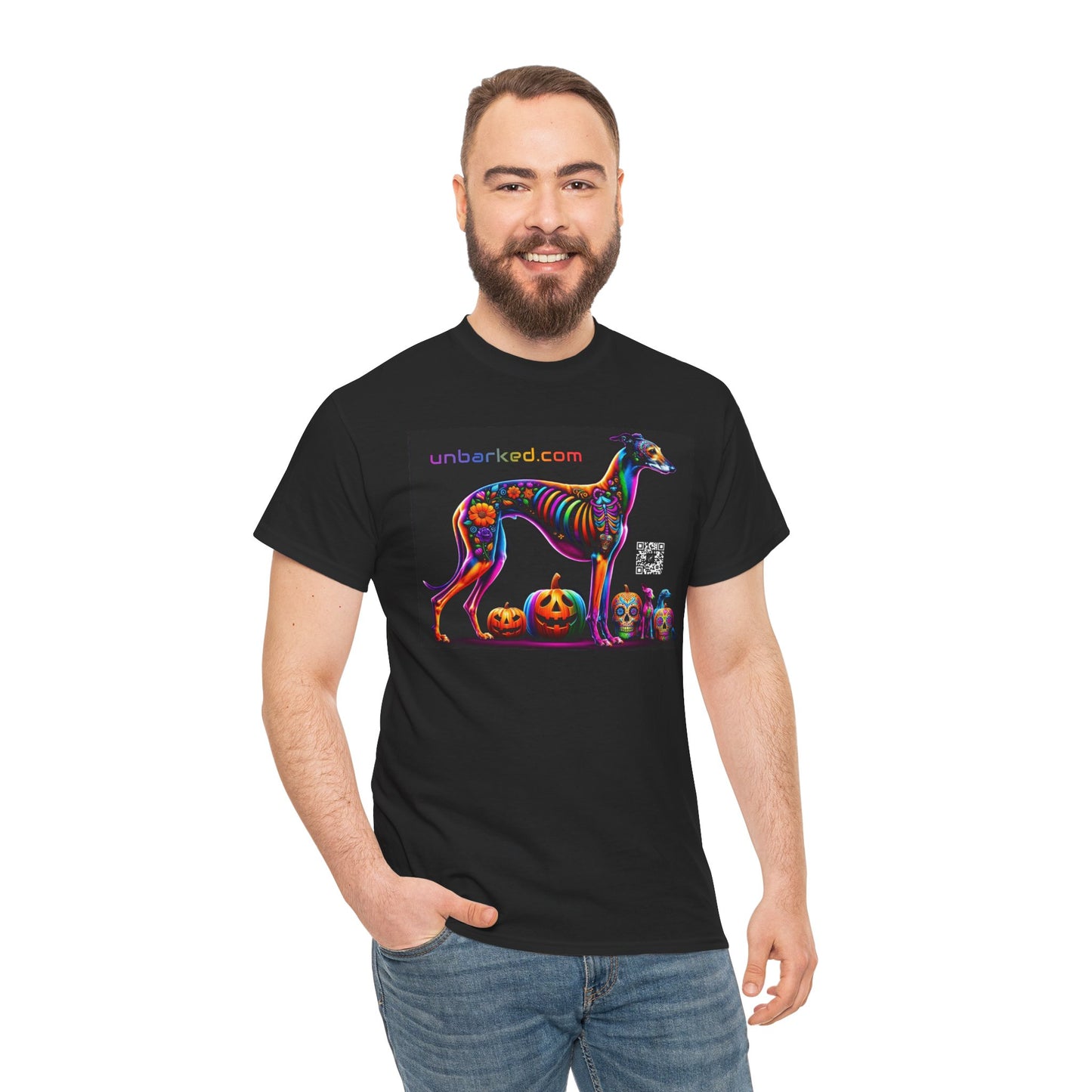 UNBARKED! Halloween Collection - Galgo Greyhound Dog Vibrant Día de Muertos Tattoo Unisex Heavy Cotton Tee