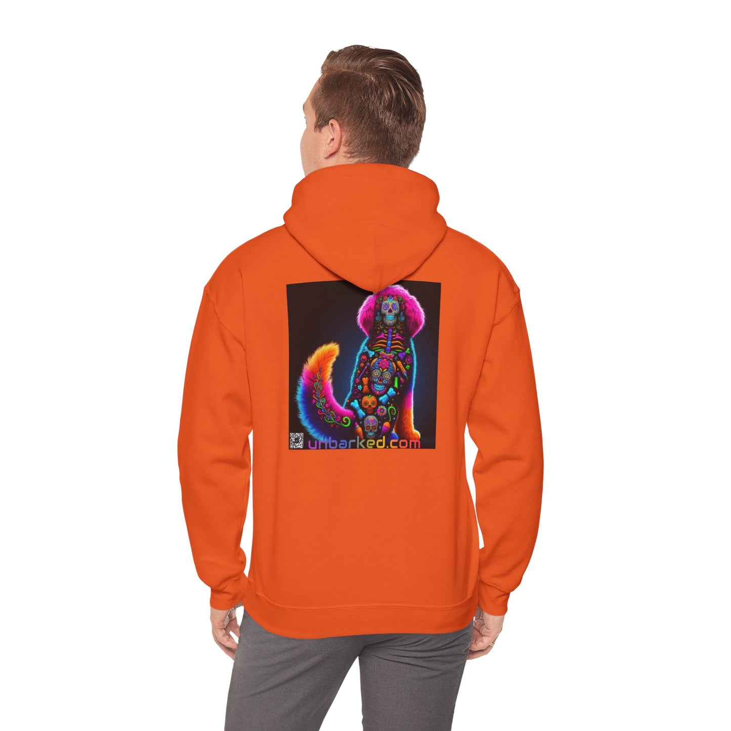 Unisex Heavy Blend™ Hooded Sweatshirt UNBARKED! Halloween Collection - Bernedoodle Vibrant Día de Muertos Tattoo