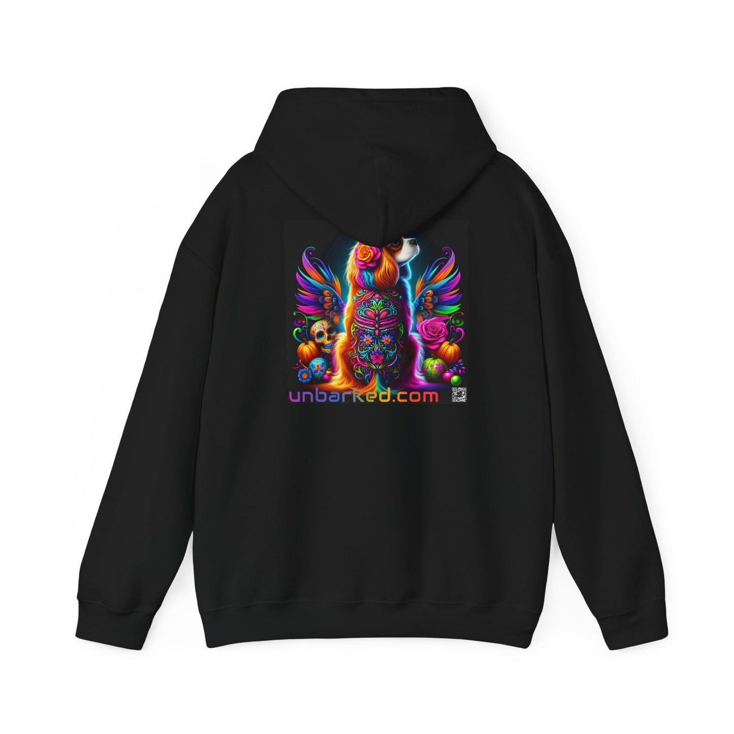 Unisex Heavy Blend™ Hooded Sweatshirt UNBARKED! Halloween Collection - Cavalier King Charles Spaniel Dog Vibrant Día de Muertos Tattoo