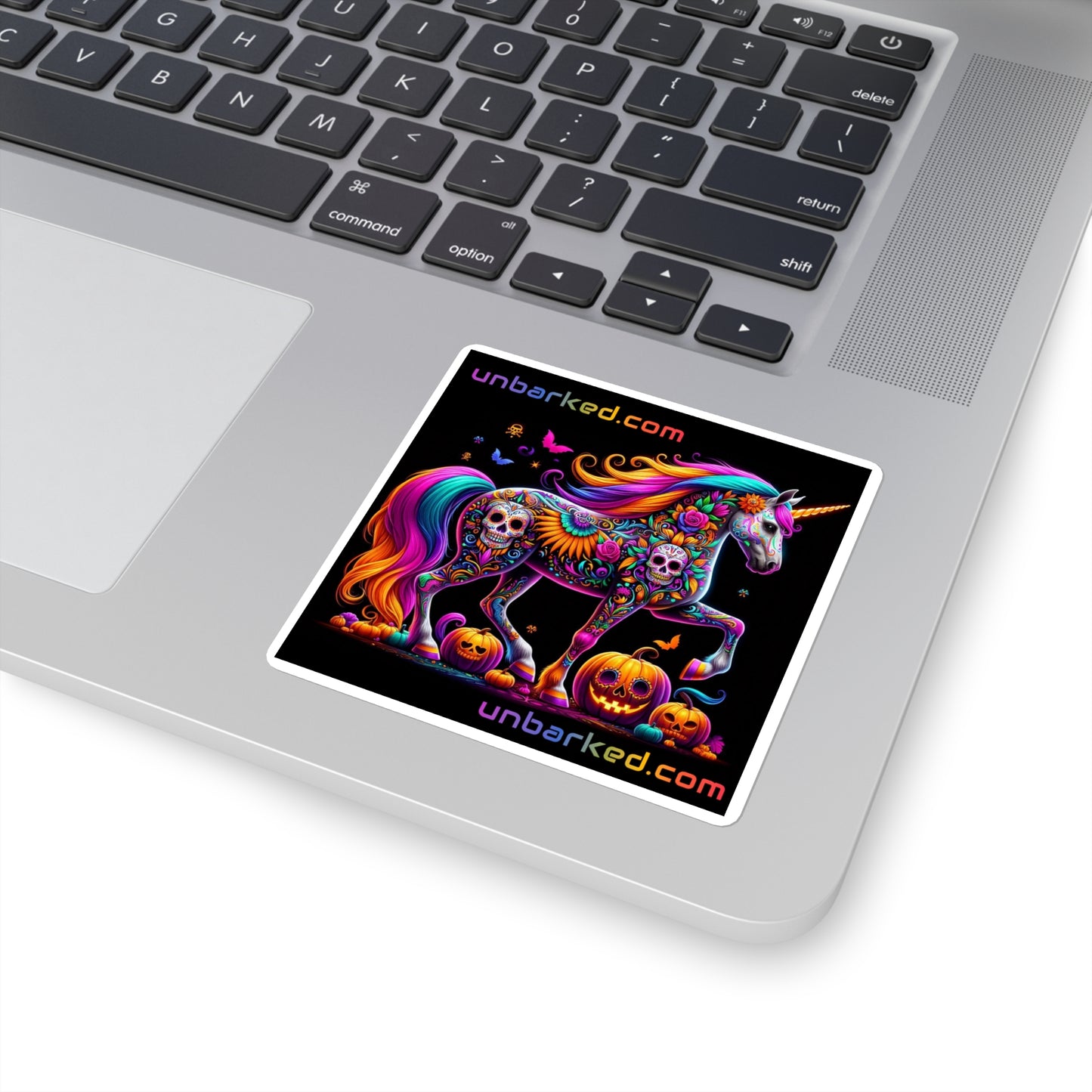 3x3" Square Sticker UNBARKED! Halloween Collection - Unicorn Vibrant Día de Muertos Tattoo