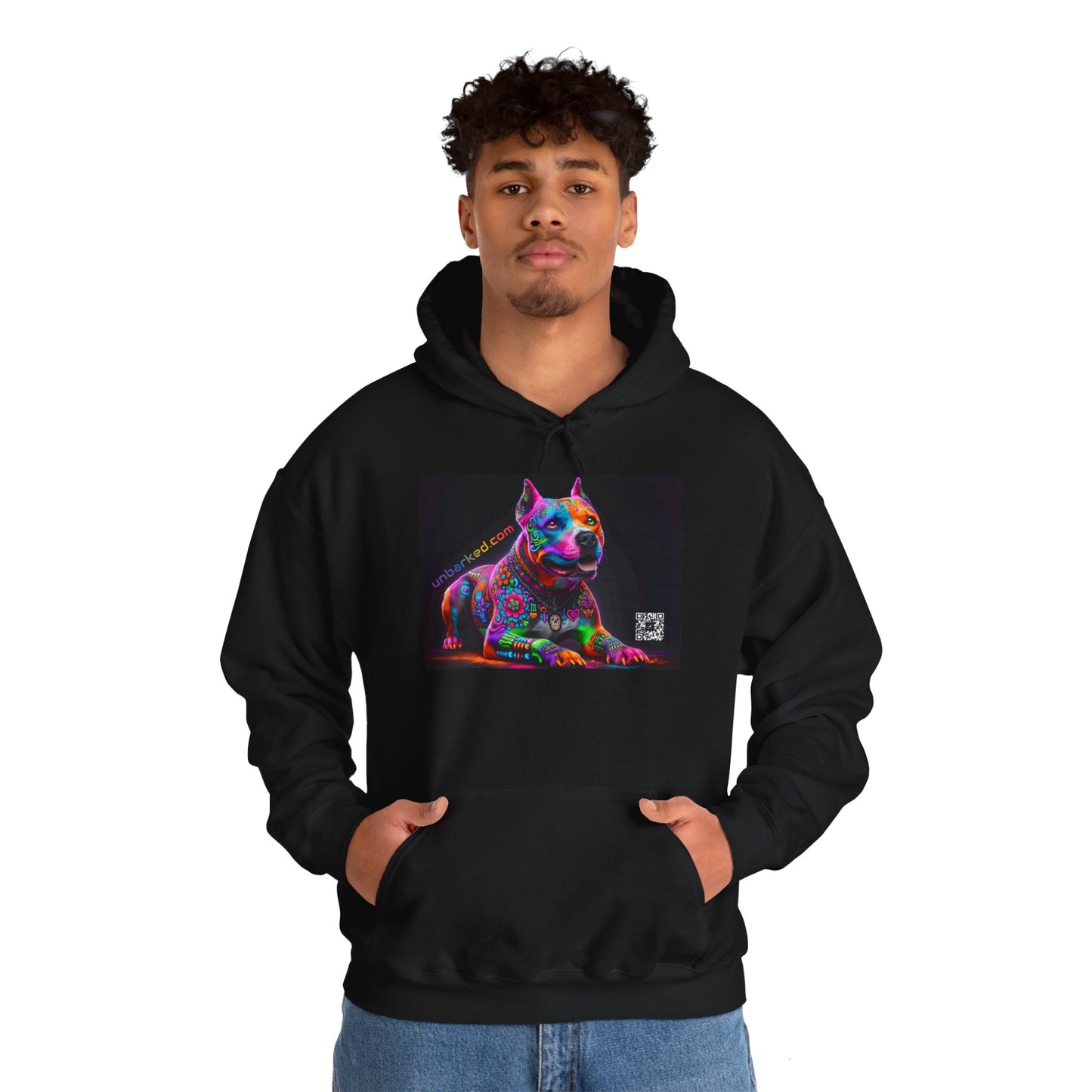 Hooded Sweatshirt UNBARKED! Halloween Collection - Pittie, Pitbull Dog Vibrant Día de Muertos Tattoo Hoodie Unisex Heavy Blend™