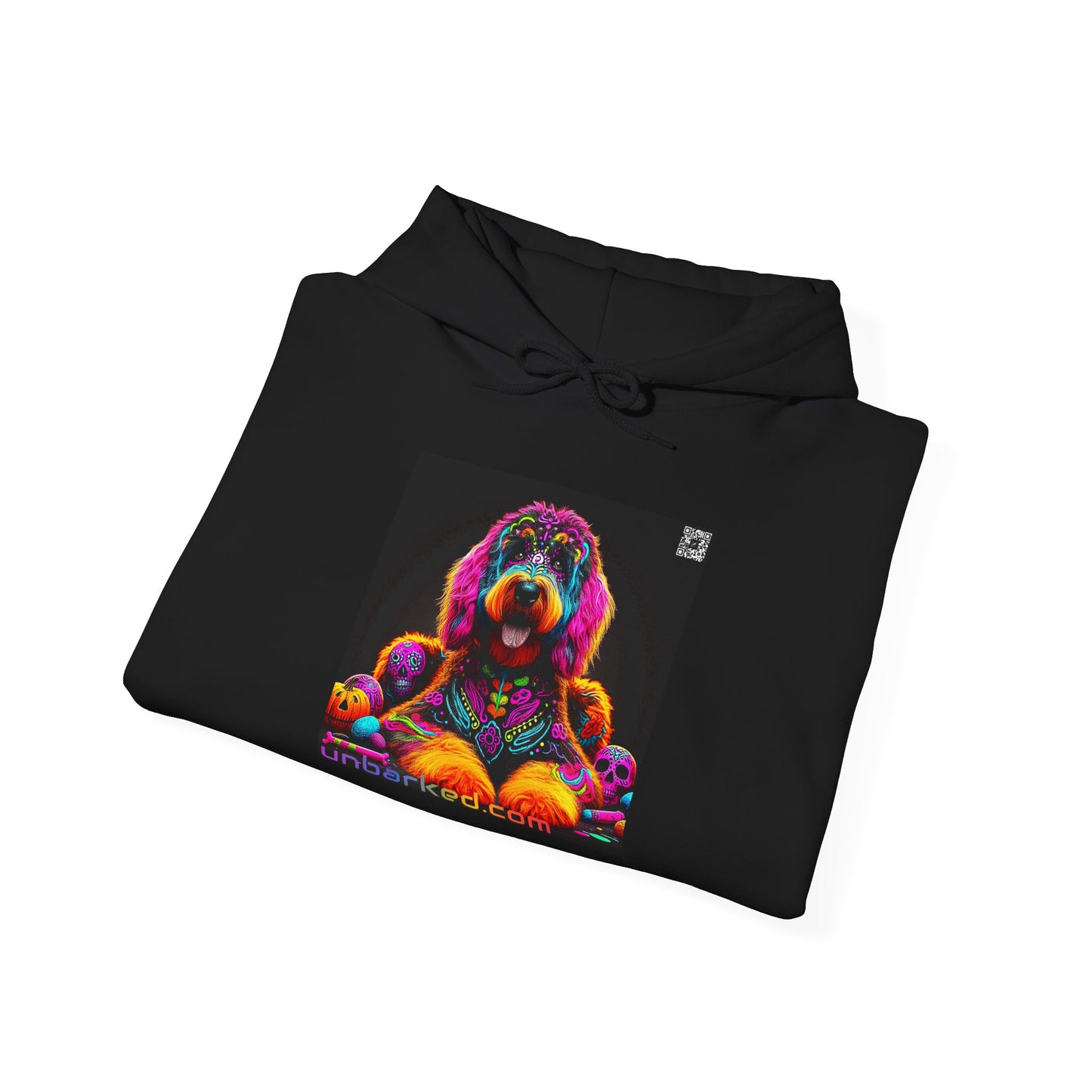 Unisex Heavy Blend™ Hooded Sweatshirt UNBARKED! Halloween Collection - Bernedoodle Vibrant Día de Muertos Tattoo