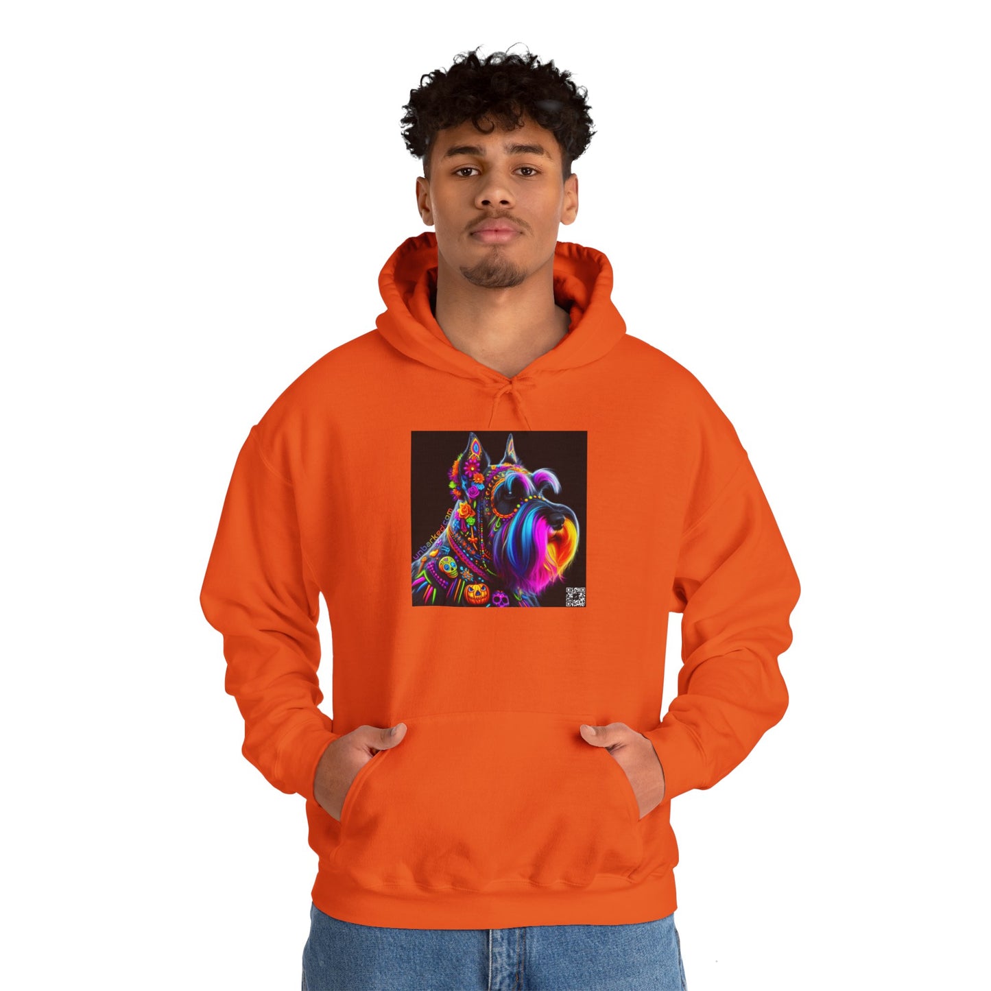Unisex Heavy Blend™ Hooded Sweatshirt UNBARKED! Halloween Collection - Schnauzer Dog Vibrant Día de Muertos Tattoo