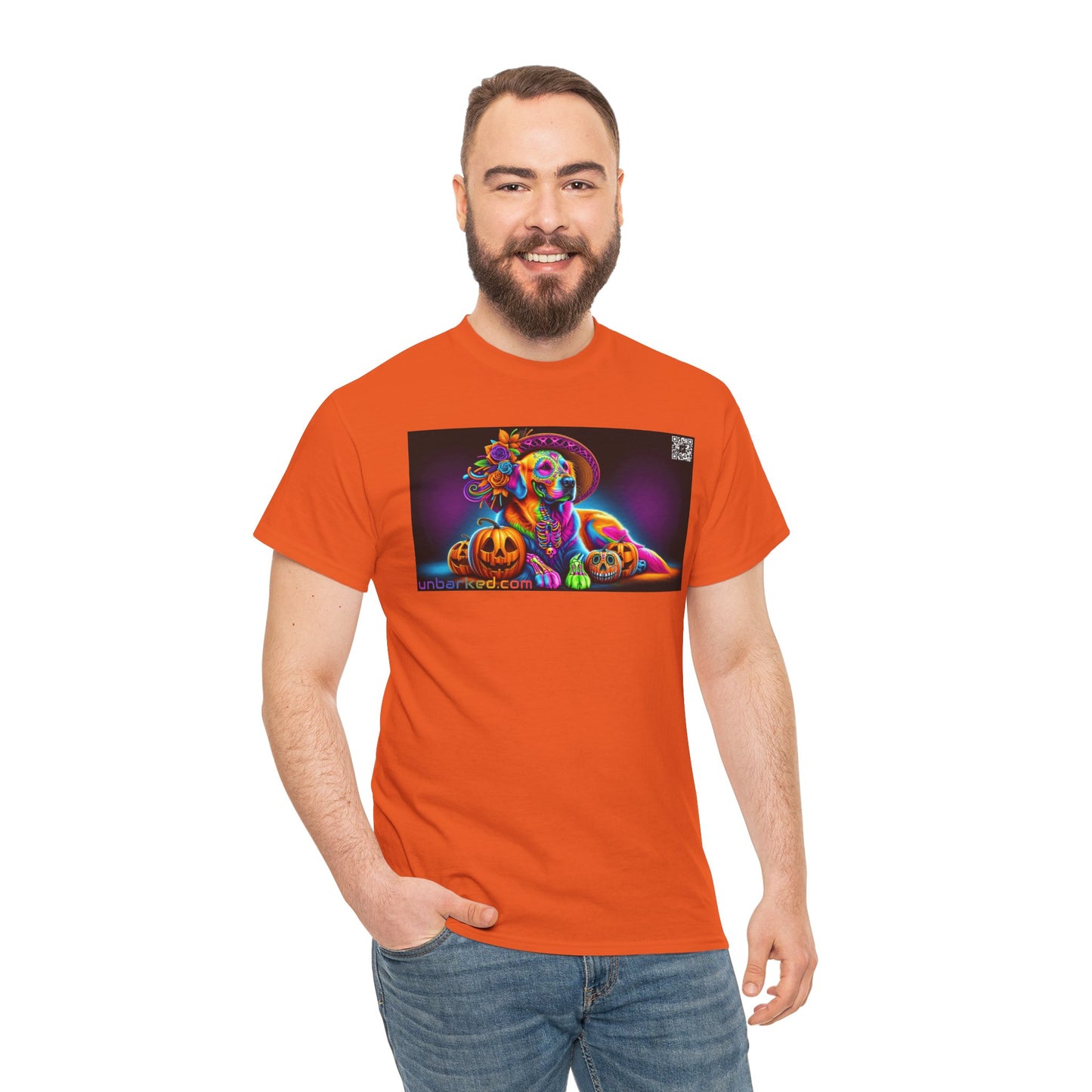 UNBARKED! Halloween Collection - Golden Retreiver Dog Vibrant Día de Muertos Tattoo Unisex Heavy Cotton Tee