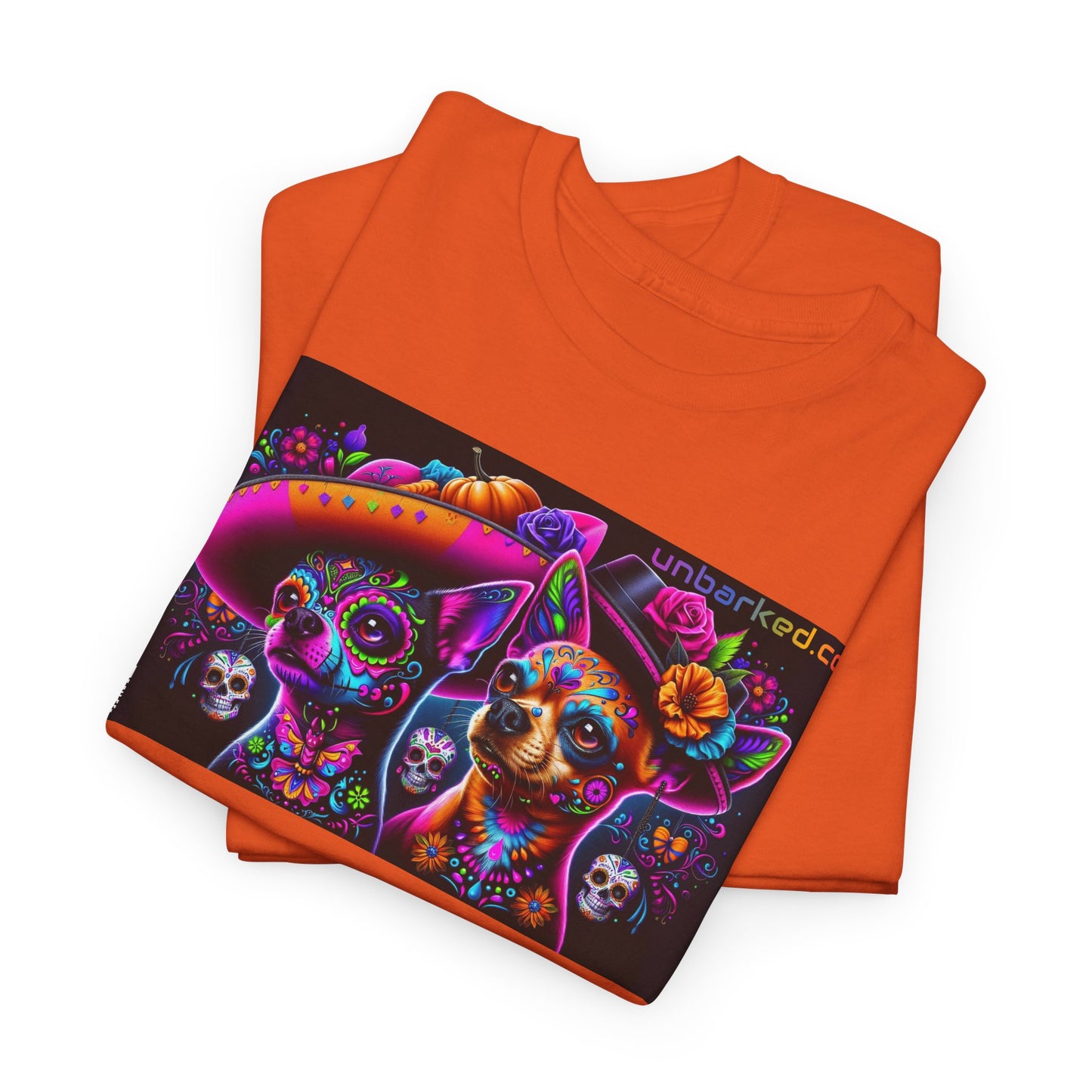 UNBARKED! Halloween Collection - Chihuahua Dog Vibrant Día de Muertos Tattoo Unisex Heavy Cotton Tee